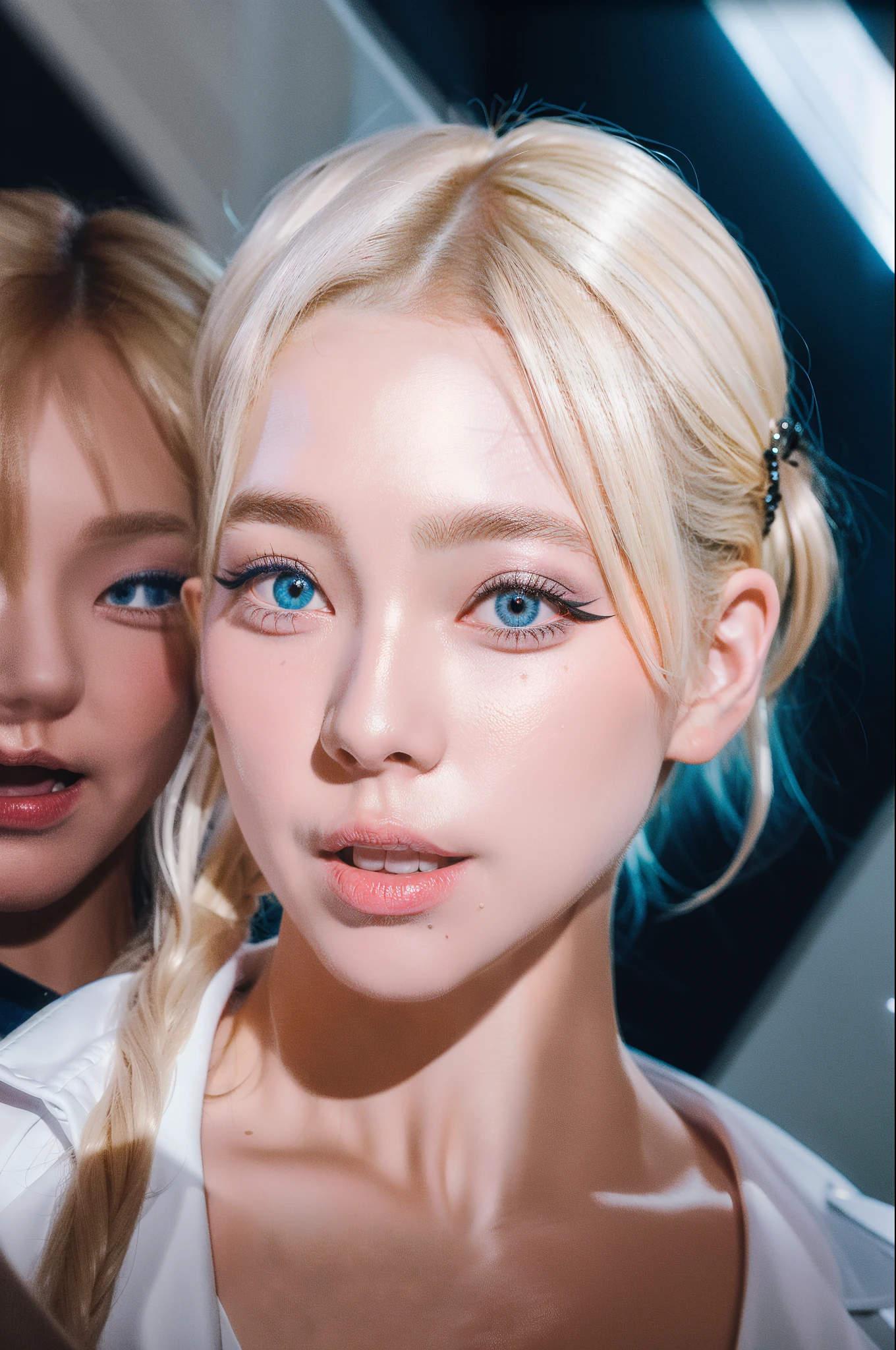 (8k, 4k, best quality, highres, ultra high res:1.1), (masterpiece, realistic, photo-realistic:1.1), 1girl, face, close-up, twintails, blonde hair, black eyes, red lips, (Looking in the audience：2），Ridiculous short blue hair，long eyelasher，eye shadows，tears mark，petty face，largeeyes，exposed bare shoulders，hight contrast，