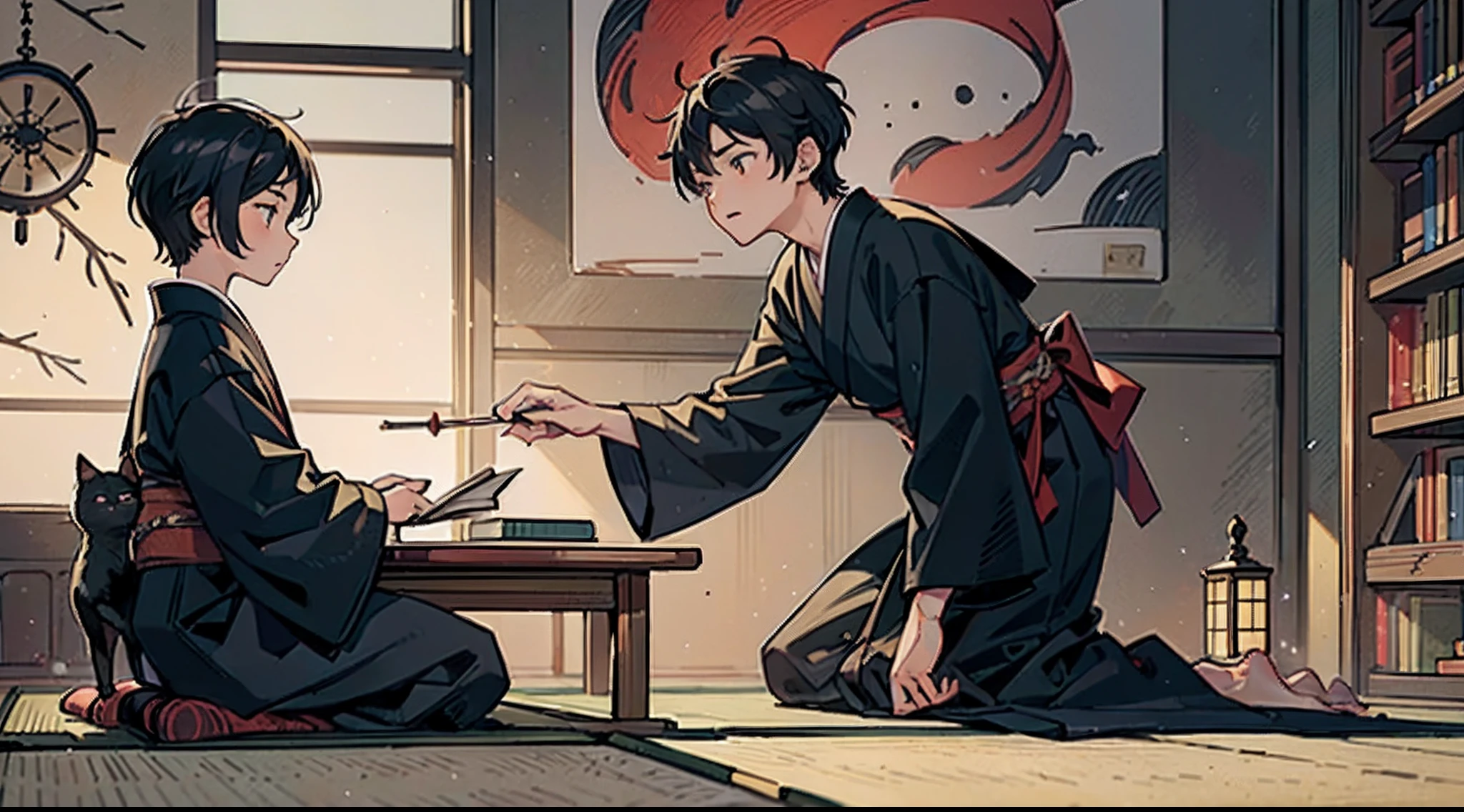 #Quality (intricate-detail、ultra-detailliert:1.2,Masterpiece,cinematic shot),
#night sky (darkness of night,no light),
#one writing boy ( male、writer,Honor Students、A dark-haired、short-hair、hakama,sit flat),
#black room at night (no light,black cat,books on desk,one candle,pretty tatami,a lot of books,bookshelf)