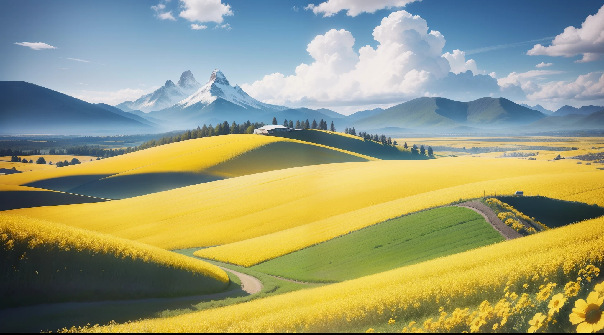 Canola flower field,with blue sky and white clouds,at ease,hyper realisitc,Live-action rendering,The clouds are sparse,Open mountains,Profound
