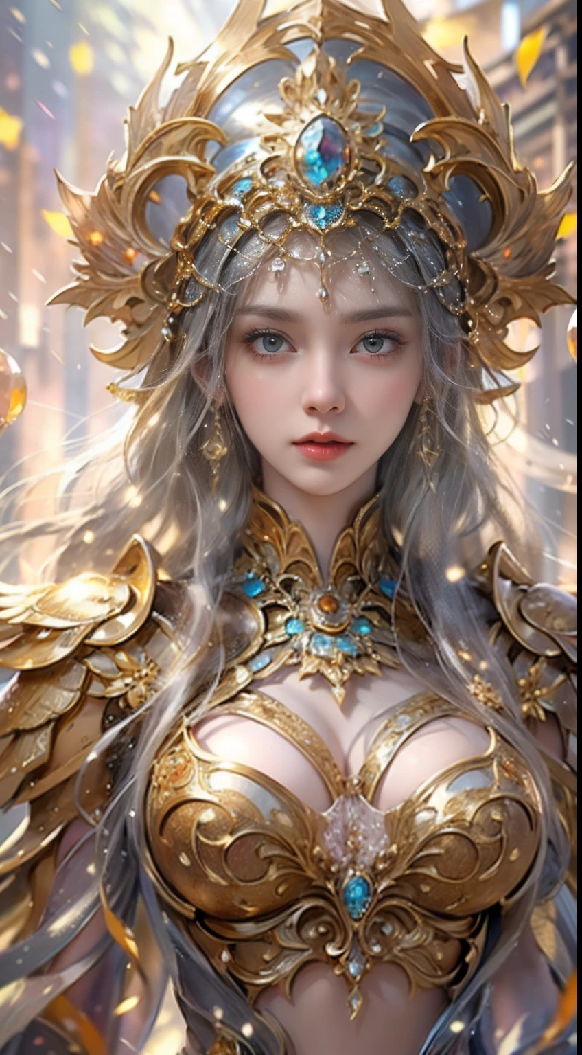 Woman in a golden transparent dress,view the viewer,(((Huge breasts, Large cleavage))),Slim waist,(navel baring,Bare waist), Long hair, Ultra-detailed details,High-end Zhenyi station, Rainstorm site, detailed fantasy art, Stunning character art, Beautiful and exquisite character art, Beautiful gold and silver armor, Extremely detailed, Girl in shiny armor, Exquisite tiaras and jewelry,Crystal jewelry filigree, milky ways, Stunning visuals, (dynamic streaks, light tracks:1.2), Vibrant colors,