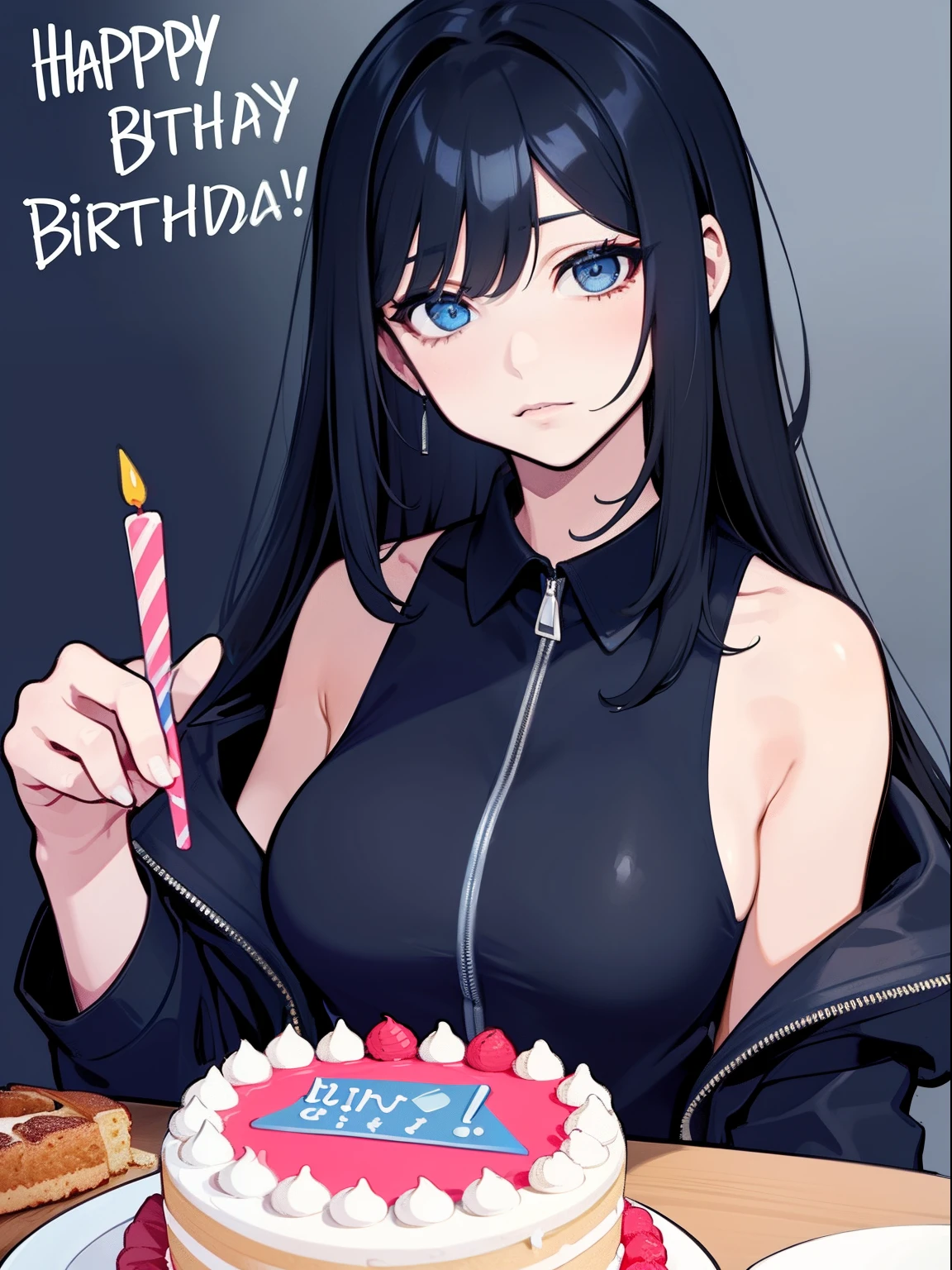 Handsome woman，cabelos preto e longos，Long straight hair，Qi bangs，blue color eyes，celebrating a birthday，The birthday cake，Long jacket，sleeveless tops，Shoulders exposed，orthofacial，A half body