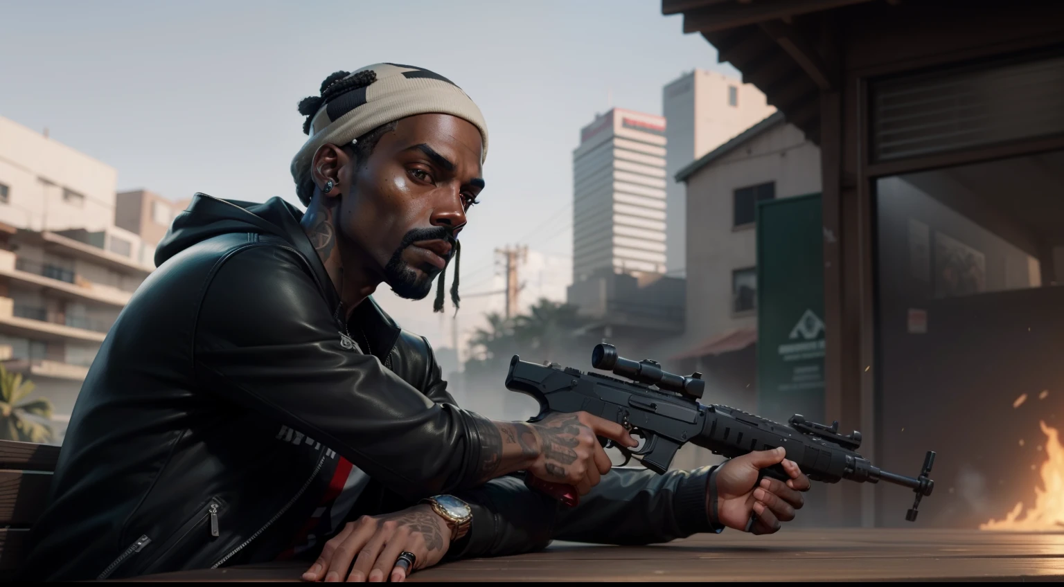There's a man holding a gun on a wooden deck, gta personagem, Como o protagonista de GTA 5, GTA V Estilo, como um personagem de gtav, Kanye West em GTA v, drake em gta v, Estilo GTA5, gta v personagem, empunhando fuzil de assalto, Snoop Dogg em GTA V, gta 5 tom de pele, Jesse Pinkman em GTA v, de bala clava,toca no rosto, colete a prova de bala preto,Fuzil AK-47