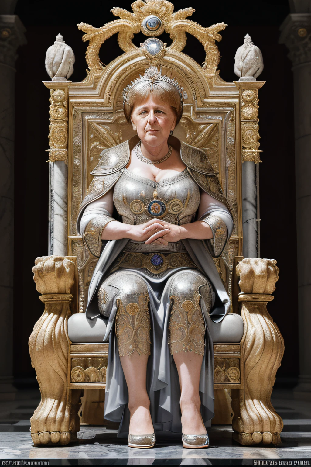 Sexy Angela Merkel dressed as a Roman empress, wearing a platinum diadem, with a prominent bust.