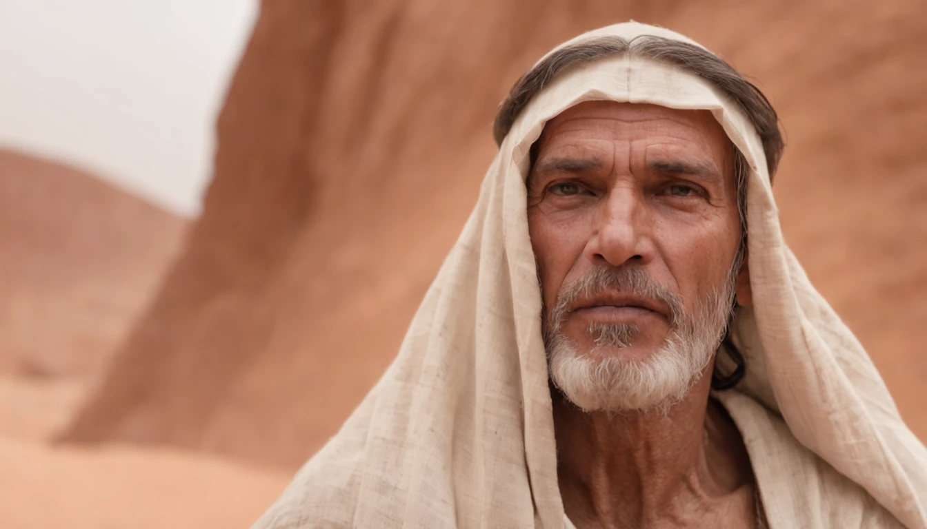 A hooded man standing in the desert with a background of heaven, portrait of bedouin d&d, ainda de um filme live action, Directed by: Etienne Delessert, Tiro para IMAX, James Gurney e Andreas Rocha, Filme ainda de Duna 2020, medium shot of two characters, duna, Sony Fotos, 4k ainda, Movie image of biblical prophet, he looks up to heaven and cries out to God to hear him, com tons quentes e terrosos, e sombras profundas, has a wise expression, --V 5 --Estilizar 1000, Biblical prophet cries out to God for the lives of his people, obra-prima, detalhes intrincados, cinemactic, The biblical prophet looks to heaven, A beautiful blue sky with some clouds, It's in the Sinai Desert, em uma colina, In the background is the desert and a small biblical village in the background, 50-Year-Old Biblical Character, no deserto: epic realistic, Soft cinematic portrait, Adobe Lightroom, photographic lab, altamente detalhado, desbotado, arte de greg rutkowski e artgerm ,cores neutras: 1,2), (HDR: 1,4) , (cores suaves:1.2), hiperdetalhado, (art-station:1.4), cinemactic, luzes quentes, dramatic light, (detalhes intrincados:1.1), fundo complexo, (Rutkowski:0.66), (azul e laranja:0.4), cinemactic, wears a brown robe and is looking up at the sky, (((olhos perfeitos, expressivos))), 8k, olha para cima, to the sky still blue, ((olhar perfeito, Expressivo))), (((apenas um homem))), ((barba curta grisalha e cabelo curto grisalhos)), Looking Up The Sky, (((olhos perfeitos)) Epic image, cinematographic, Cinematic 8K, imagem de meio corpo, plano americano, He is alone and his eyes staring at the blue sky with some clouds, (((olhos bem detalhados, very sharp, expressivos))) ((tem barba curta e cabelo curto grisalho)), 8k, cinemactic, obra-prima, (((Um homem))), ((((is alone in the desert)))), olhos perfeitos e expressivos, It's just a man and it's alone,
