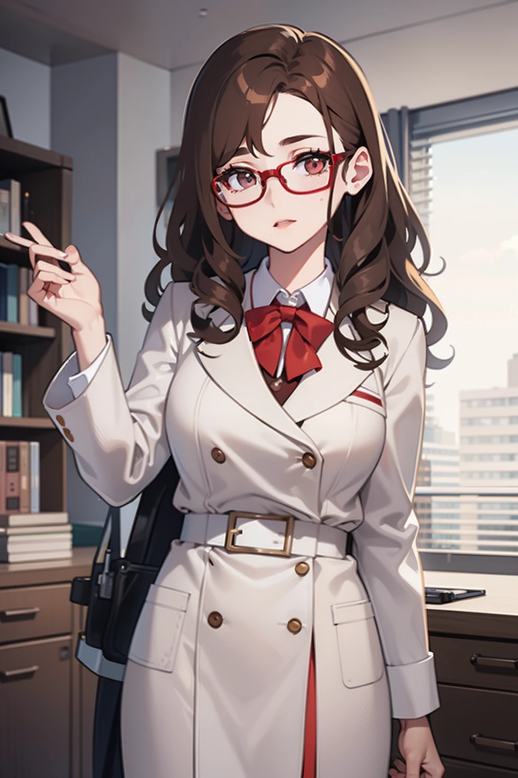 brown hair, tall, white lab coat,doctor, glasses, mole, freckles, red lipstick, curly hair, working at desk, waist up