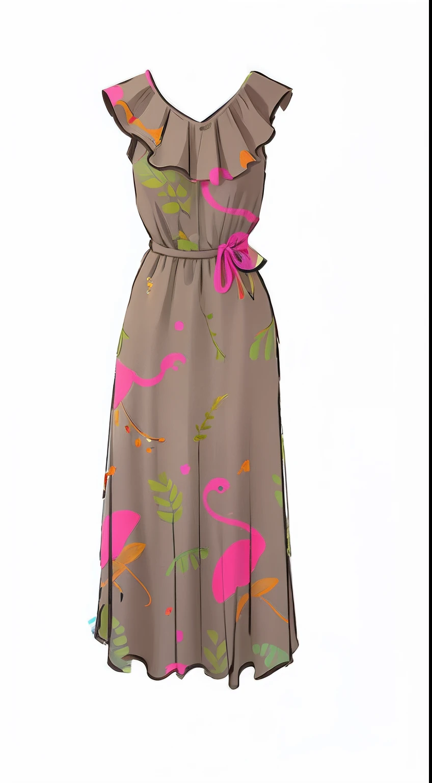 um close up de um vestido com um design rosa e verde, figura feminina no maxi vestido, vestido de selva, wearing a flowing sundress, feito com ilustrador, vestido, detailed fashion illustration, summer dress, vestido de sol, Feito em Adobe Illustrator, full-length view, Wearing a flowing dress, design de roupas, in illustration style digital, Criado no Adobe Illustrator, fashion illustration