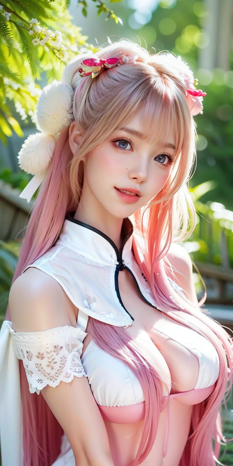 (8K, 4K, Best quality, A high resolution:1.2), (marsterpiece, Realistic, photograph realistic:1.37), 1girll, Solo, Beautiful face, eyeslashes, nase, Glossy lips, (Detailed eyes, view the viewer, Fair skin, White skin:1.5), fine complexion, Upper body,
Large breasts, Busty, , (:1.5),
Outdoor onsen,
two sides up, Absurdly long hair, Blonde hair, Pink hair, bangs, hair adornments, bow,
Younger, aged down,
