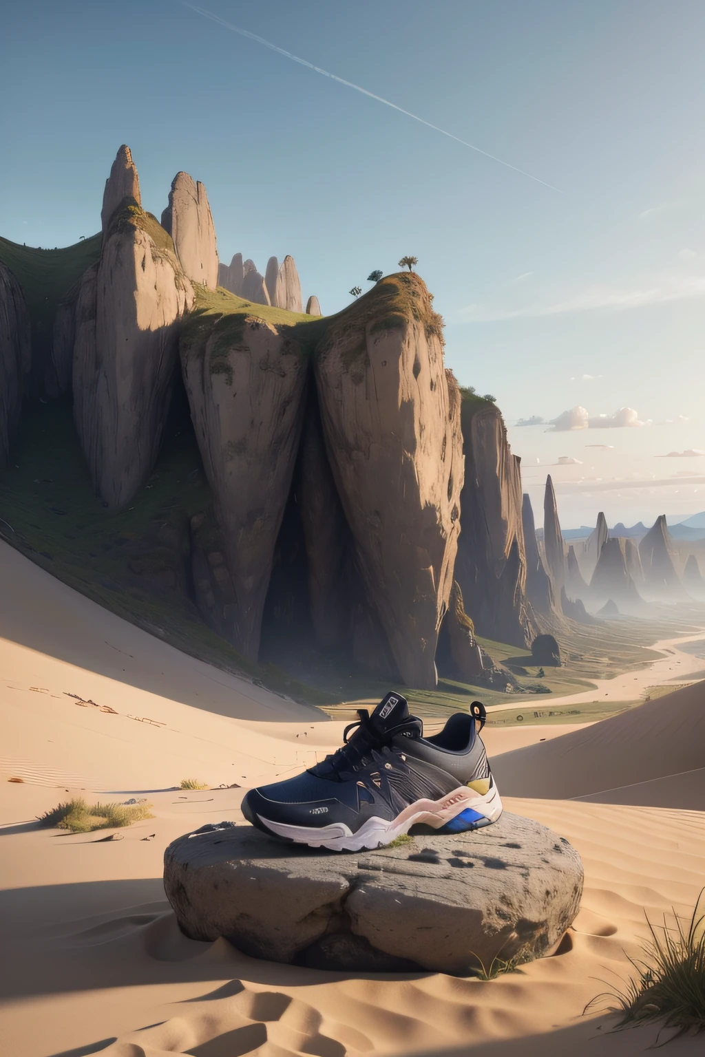 On a stone in the grass sat a pair of shoes, a picture by Jakob Gauermann, trending on pexels, baroque, environmental shot, darius puia, sand dune, 🤬 🤮 💕 🎀, landscape vista, 2 0 2 0 fashion, sneaker photo, Futuristic Balenciaga sneakers, canyons, 20k, BALENCIAGA