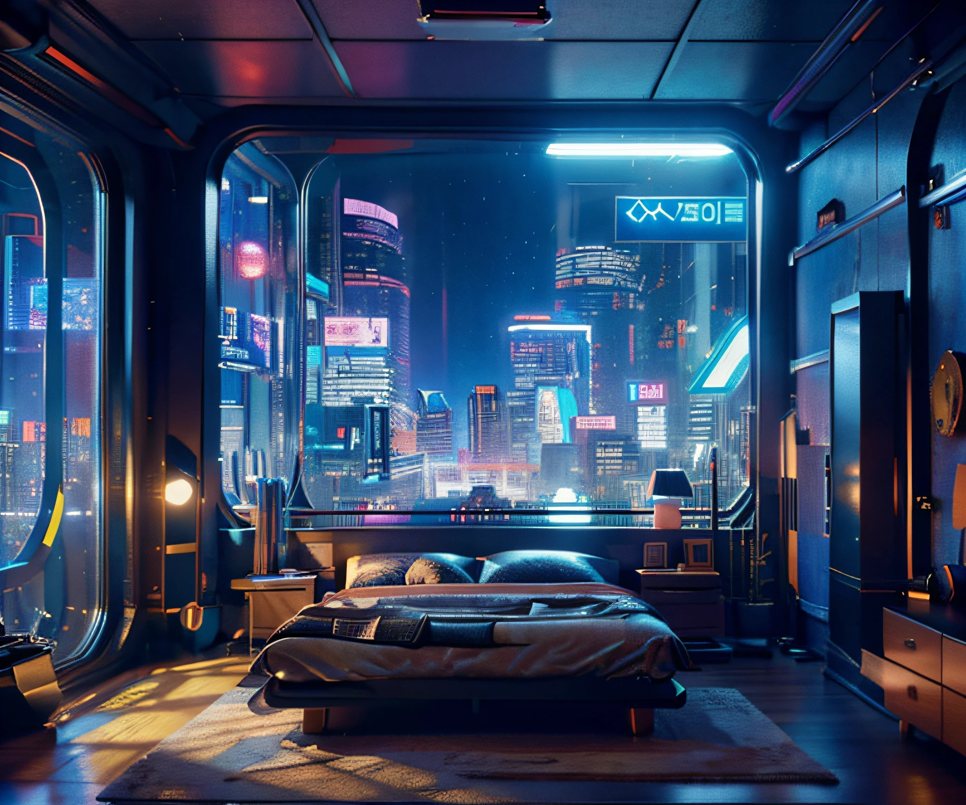 ((masutepiece)), (Ultra-detailed), (Intricate details), (high resolution CGI artwork 8k), Create an image of a retro futuristic cyberpunk bedroom. One of the walls is、Must be equipped with a busy large window, Colorful, and detailed cyberpunk cityscape. Futuristic style with lots of colors and LED lights. The cityscape should be extremely detailed with depth of field. Use atmospheric lighting to create depth、Evoke the atmosphere of a busy futuristic city outside the window. Pay close attention to face details like intricate, hires eyes and bedroom accents. camera: wide shot showing the room and the window. The window should be the focal point of the image. Lighting: Using atmospheric lighting and volumetric lighting、Highlight the details of the cityscape. The room should be illuminated by the neon lights from the cityscape.