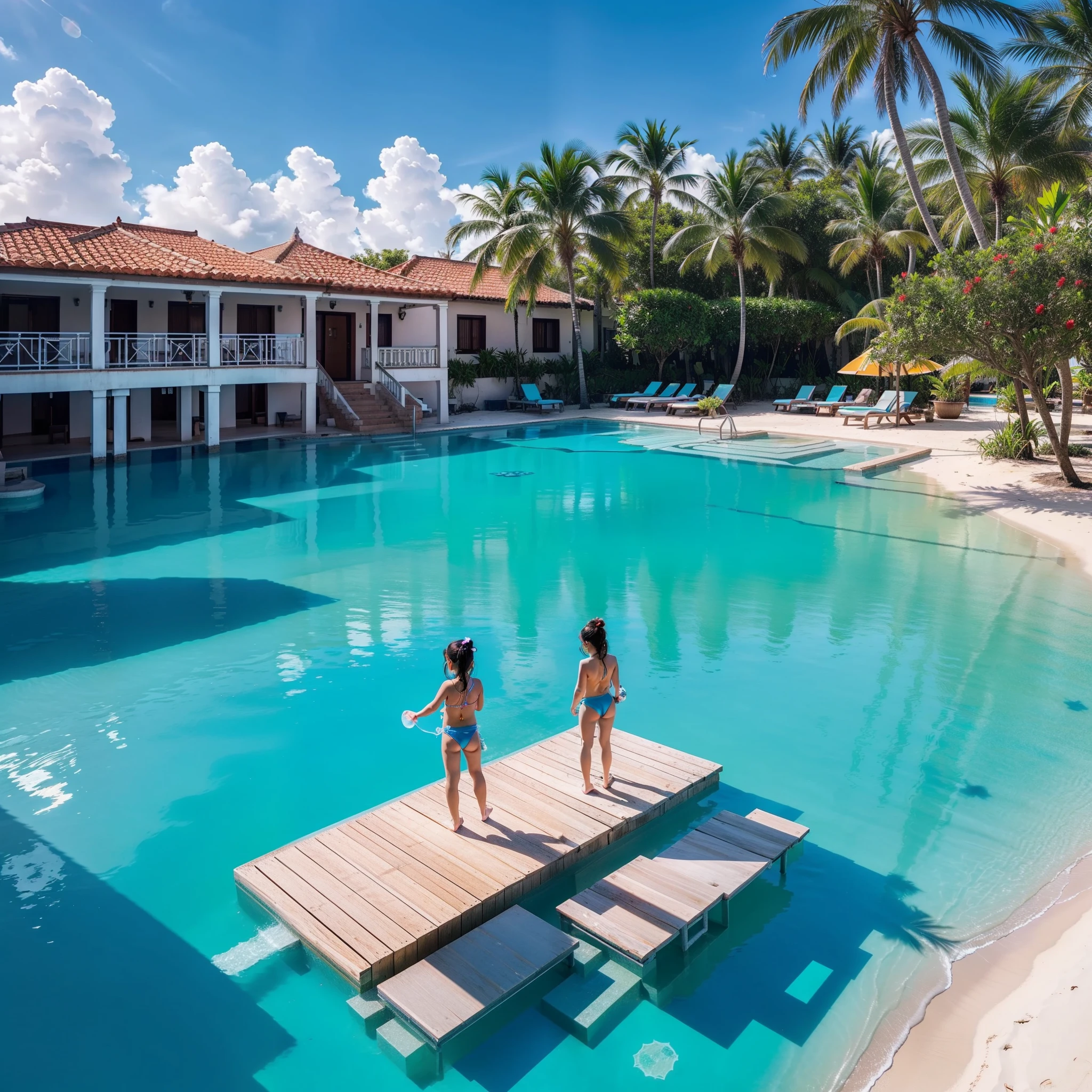 The tropical hotel is located on an island paradise, surrounded by crystal clear waters and white sand. Palm trees sway in the wind, and the birds sing merrily. The hotel is huge, with hundreds of rooms and suites.

The main pool is giant, com borda infinita. As pessoas se divertem nadando, sunbathing and throwing water at each other. Children play in the children's pool, with slides and water toys.

Adults relax on the sun loungers, com bebidas e petiscos. Alguns se bronzeiam, enquanto outros conversam e riem. The atmosphere is one of joy and relaxation.

The hotel offers a variety of activities and attractions, para todas as idades. There are restaurants, bares, lojas, spa, academia, e muito mais. Guests can practice water sports, fazer passeios de barco, ou simplesmente descansar na praia.

It is a perfect place to relax and enjoy the holidays.

Here are some additional details about the hotel:

* O hotel tem 1.000 rooms and suites, todos com vista para o mar.
* A piscina principal tem 50 metros de largura e 100 metros de comprimento.
* The hotel has three children's pools, with toys and activities for children of all ages.
* O hotel tem cinco restaurantes, seis bares, e uma loja de souvenirs.
* O hotel tem um spa com uma variedade de tratamentos para o corpo e a mente.
* O hotel tem uma academia com equipamentos modernos.
* The hotel has a private beach with white sand and crystal clear waters.

The hotel is a popular destination for families, casais e grupos de amigos. It's a perfect place to have fun and relax, in a tropical paradise environment.