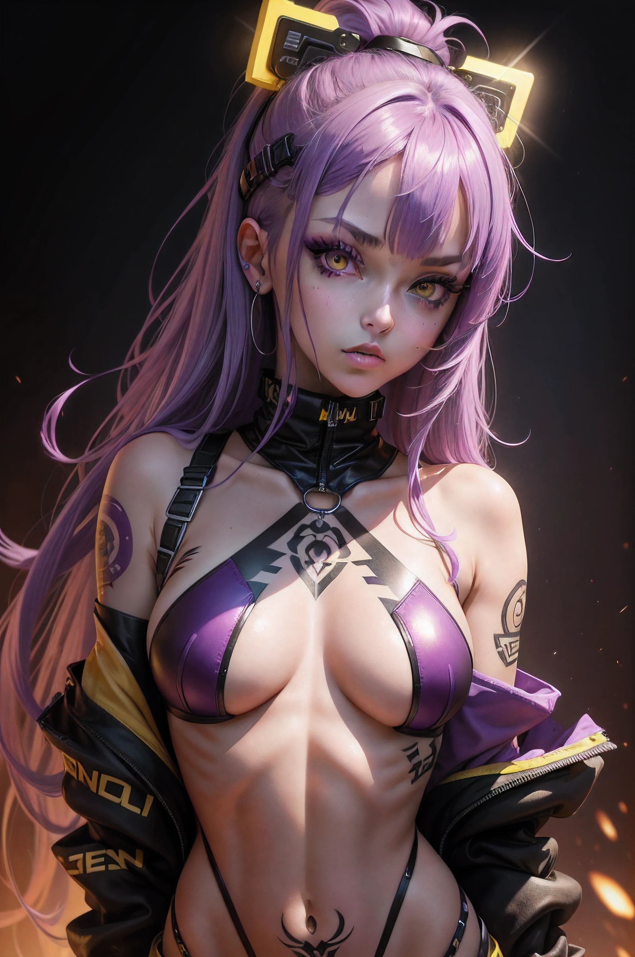 1girl, purple hair, yellow eyes, half naked, tattoo on top of body, cyber outfit, eyes glow yellow, glitter over body