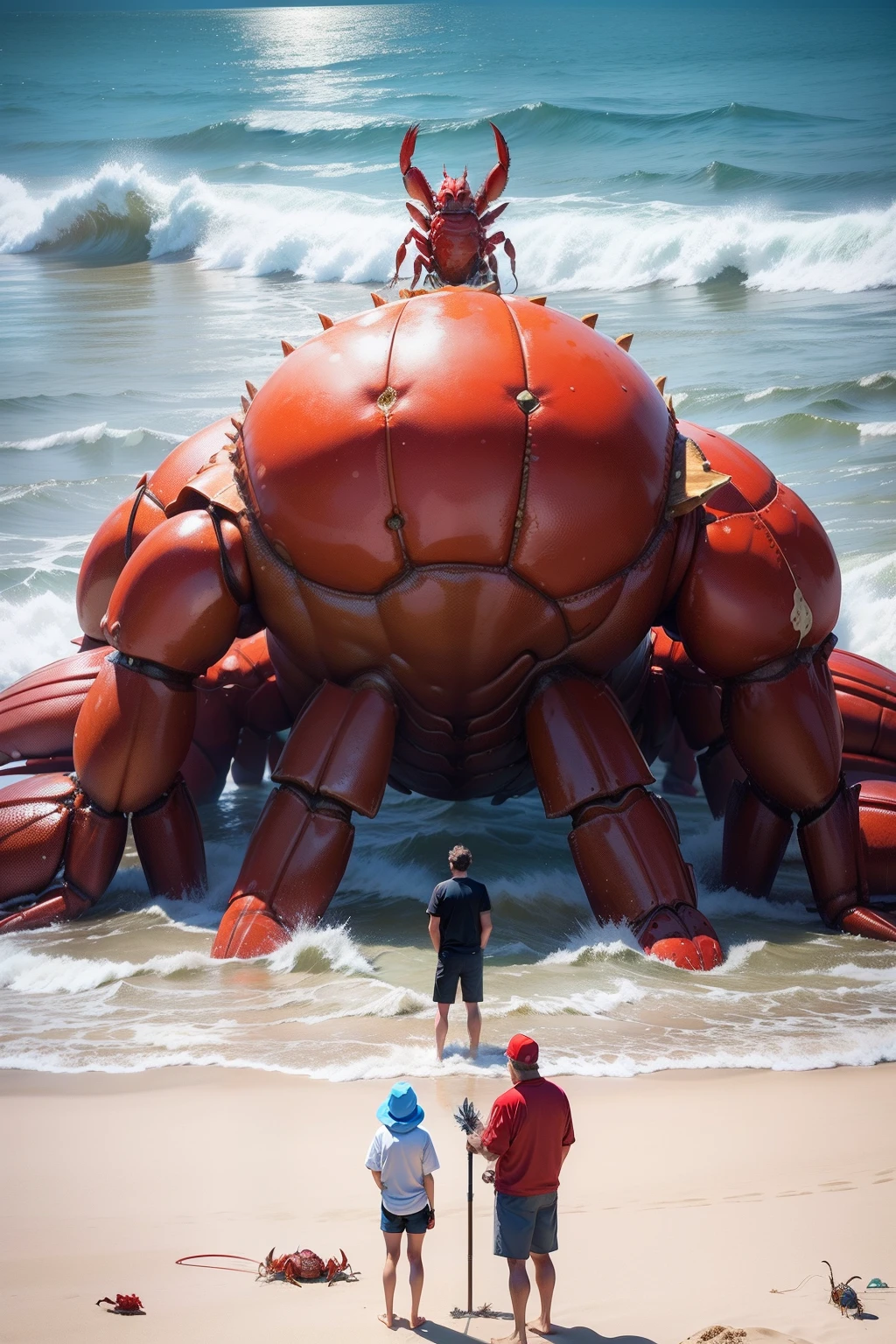 People stand around giant lobsters on a beach by the sea, giant crab, monster ashore, crab monster, ocean giant creature bloop, huge crab, huge creature, hermit crab titan, crustacean, huge creature, Jordan Peterson as Lobster, tiger - crab creature, crustacean head, sea monster, crabs, a creature 5 meters tall