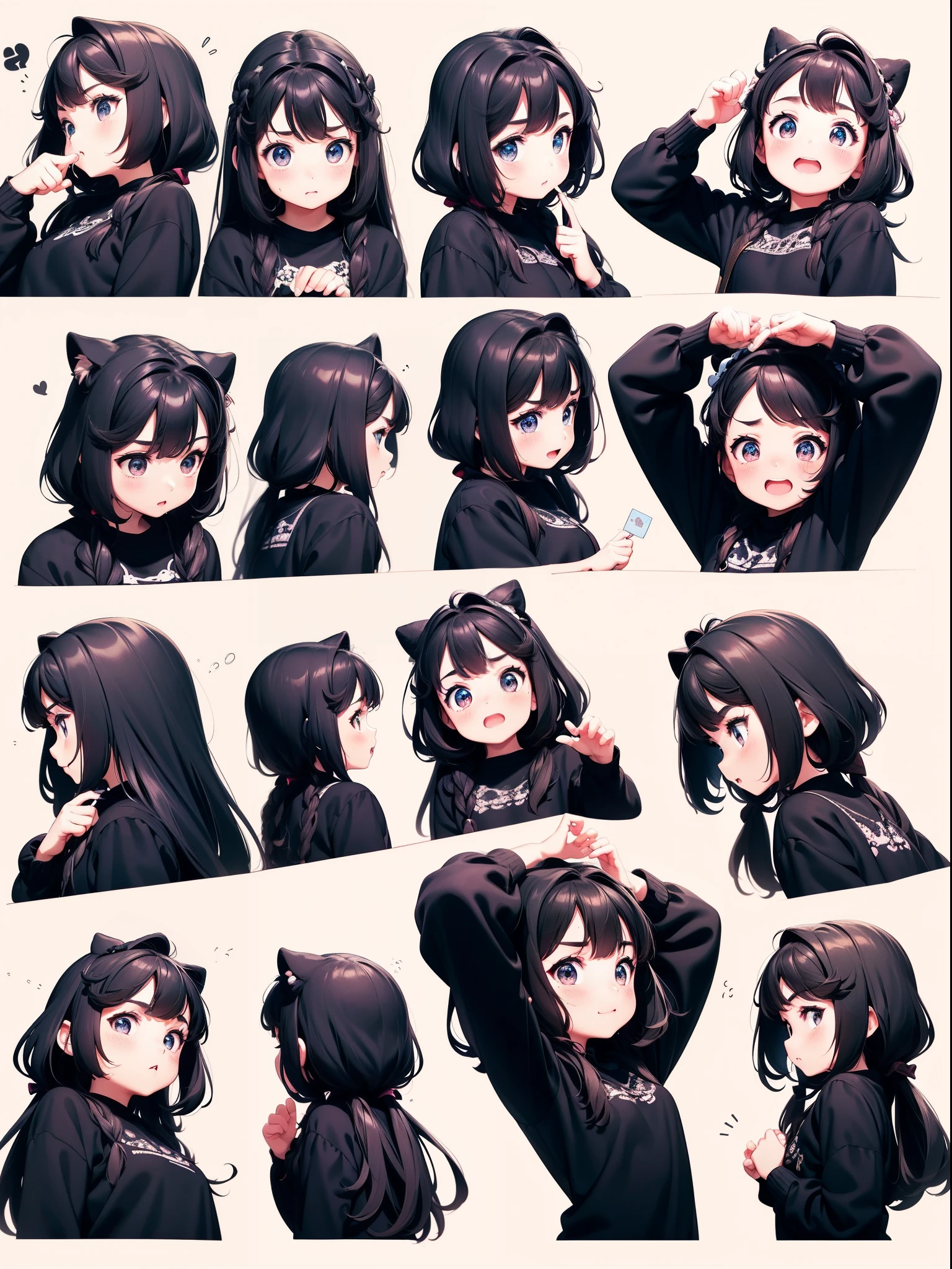 Cute  girl s，Different actions，Different expressions，16 poses and expressions，Disney  style，Black strokes，differentemotions，8K，white backgrounid，Frontal view