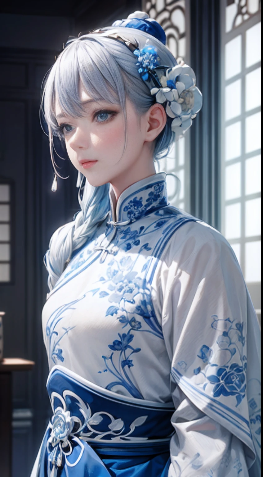 Blue and white porcelain anthropomorphism,Blue and white porcelain human type,ancient china art style,Delicate pattern,Oriental elements,Ink painting style, Clean colors,White background, Soft lighting, ( Bokeh),Masterpiece, Super detailed, Epic composition, Highest quality, 4K,