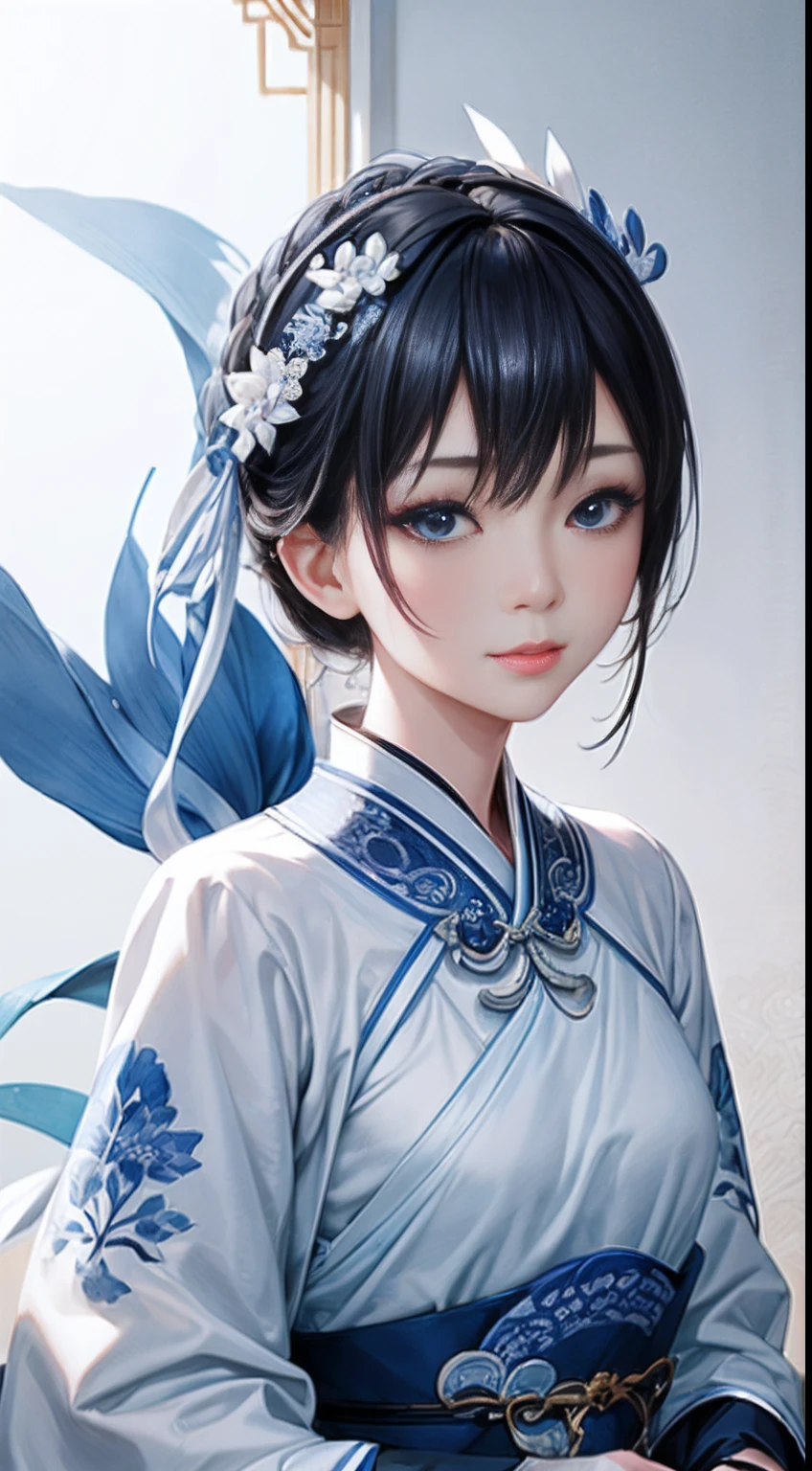 Blue and white porcelain anthropomorphism,ancient china art style,Delicate pattern,Oriental elements,Ink painting style, Clean colors,White background, Soft lighting, ( Bokeh),Masterpiece, Super detailed, Epic composition, Highest quality, 4K,