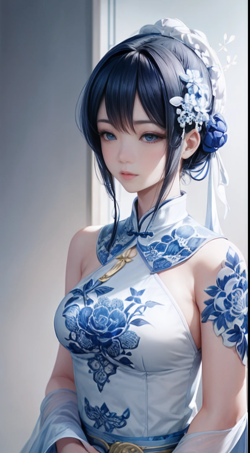Blue and white porcelain anthropomorphism,ancient china art style,Delicate pattern,Oriental elements,Ink painting style, Clean colors,White background, Soft lighting, ( Bokeh),Masterpiece, Super detailed, Epic composition, Highest quality, 4K,