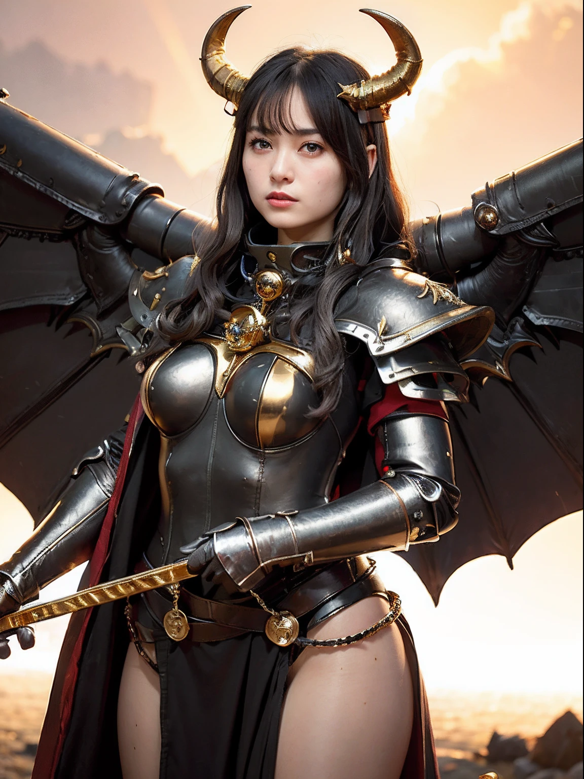 ((World of Darkness)),Professional , masterpiece、top-quality、photos realistic , depth of fields 、(((With the legendary magic wand))),(Dragon Black Metal Body:1.4),(latex black-blue、(cleavage of the breast)、Dragon Gold Weapon、(((Particles of light))),(Micro Bikini Armor:1.4),Gorgeous gold weapons ,(Fight dragons)、Seductive look、,Blood on the face,Blood Rain,Blood fog、(blood splattere:1.9)、((Magic number )) , (((Wearing a black latex wizard hat))),(demonic wings) ,Detail and gorgeous crown、((a blond))、(Castle background)、((Gangle's forest background))、Beautiful Caucasian beauty、1a person、dynamic ungle,(((Detailed and ornate dragon wizard hat helmet)))、Smaller head、A smile、Castle background、Thin and beautiful female hands、cleavage of the breast、Soldier in iron armor on background、Mystical expression、Light Effects、intense fighting、Wind-effect、magic circles、With the legendary magic wand、Dragon's tail、explosions、