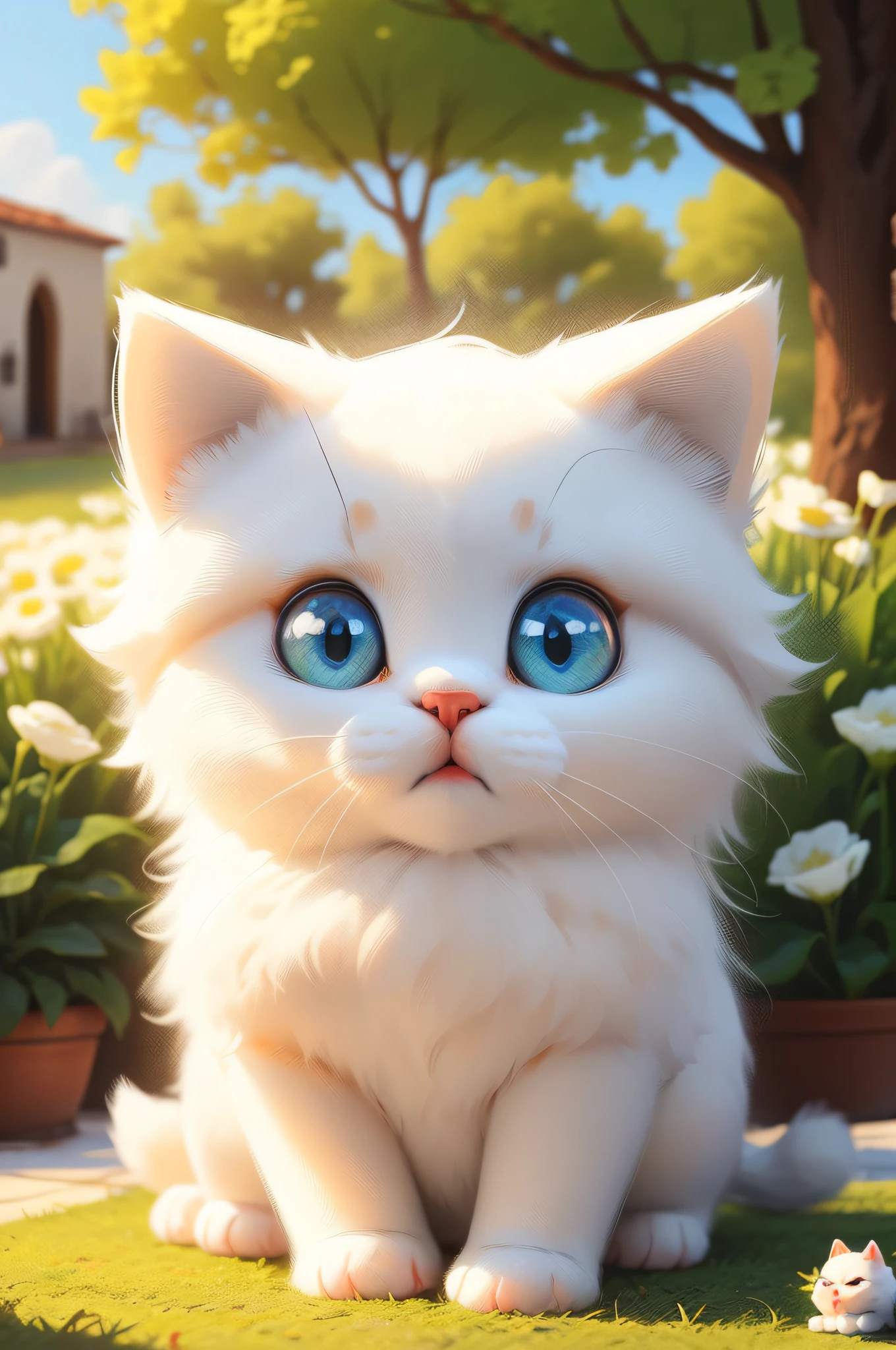 Gatinho pequenininho fofo, Cute and adorable white fur, olhos castanhos grandes e brilhantes, Lovely, Ultra HD, realista, melhor qualidade, em um mini recipiente, em um campo de flores