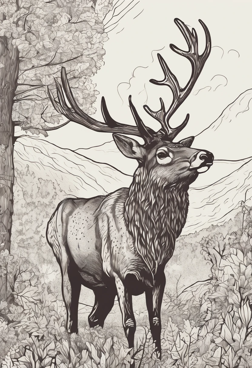 brown elk in a forest meadow minimal ink doodle art
