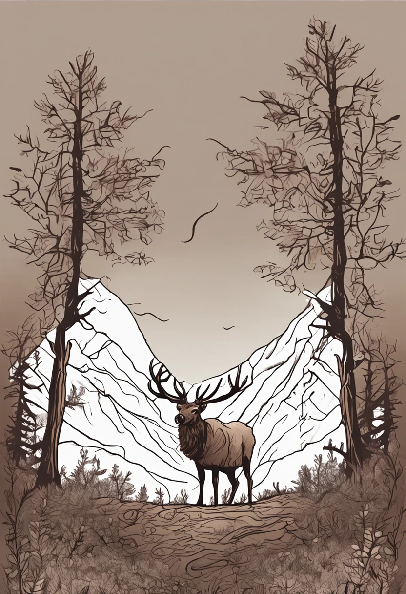 brown elk in a forest meadow minimal ink doodle art