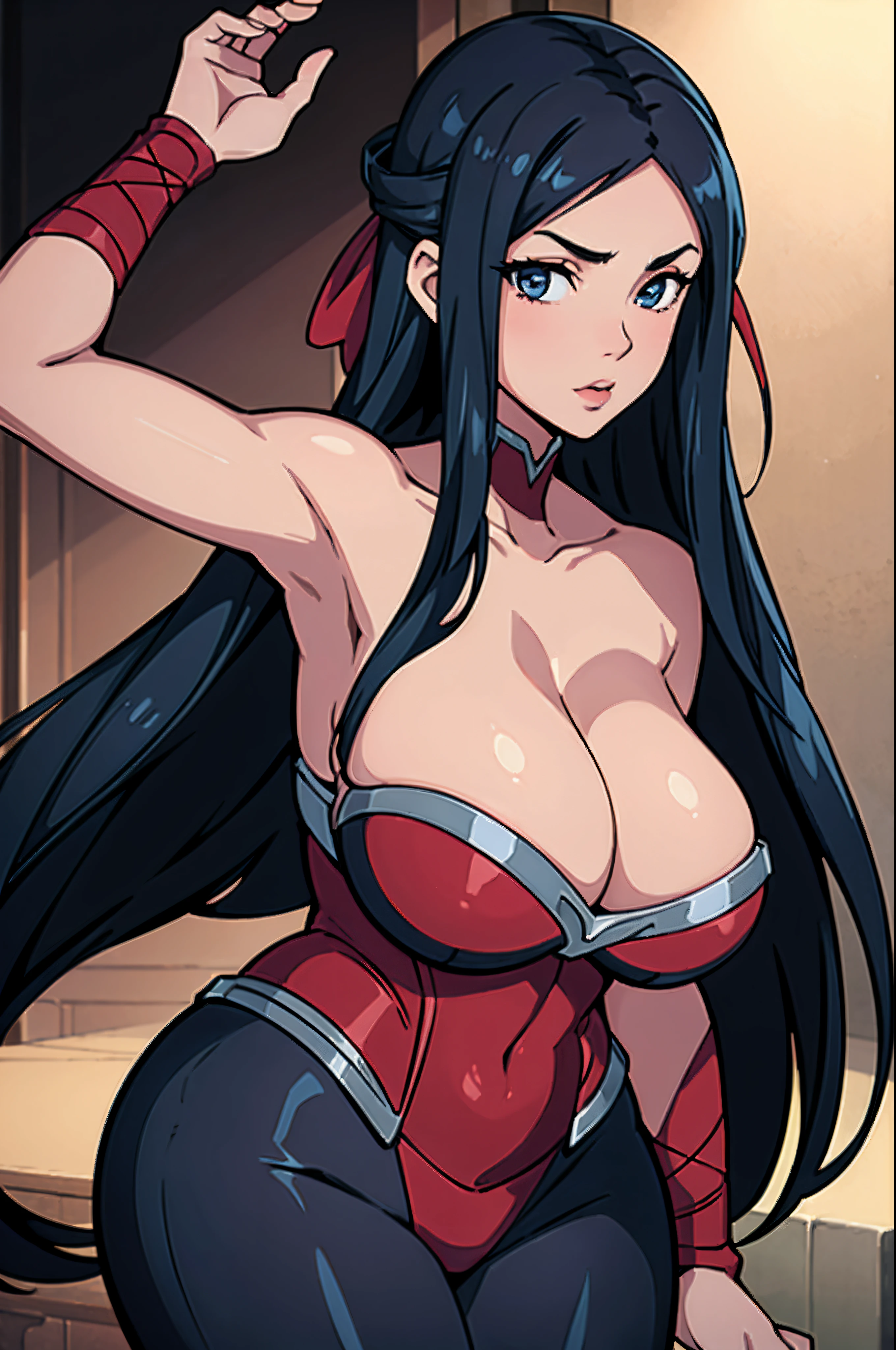 (masterpiece, official art), 1girls, solo, irelia, thick, curvy, curvaceous, (closeup), portrait, (gigantic breasts), (huge breasts), fluffy breasts, standing, looking at viewer, (upper body), seductive, alluring attire, ribbon, arm ribbon