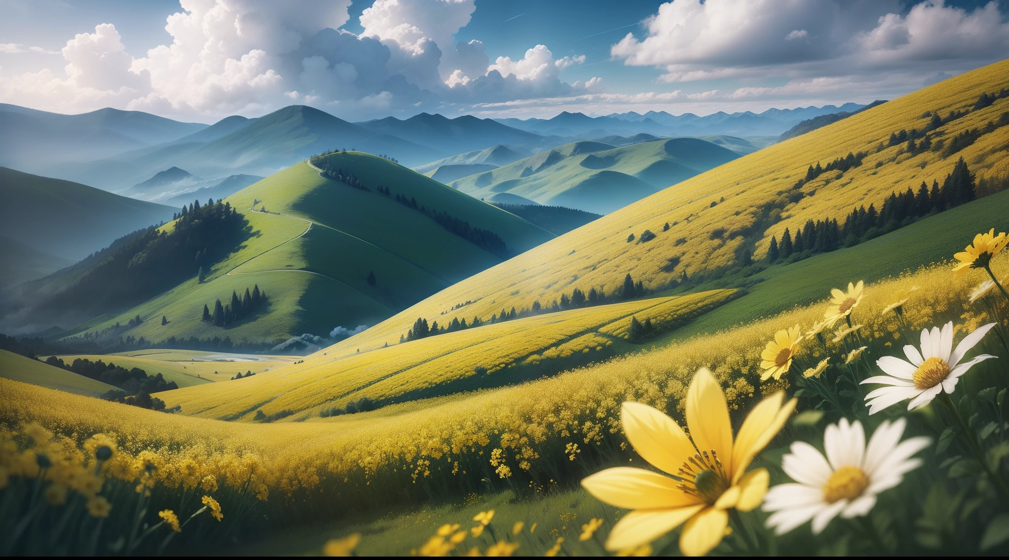 Canola flower field,with blue sky and white clouds,at ease,hyper realisitc,Live-action rendering,Faint and sparse clouds,Open mountains,Profound