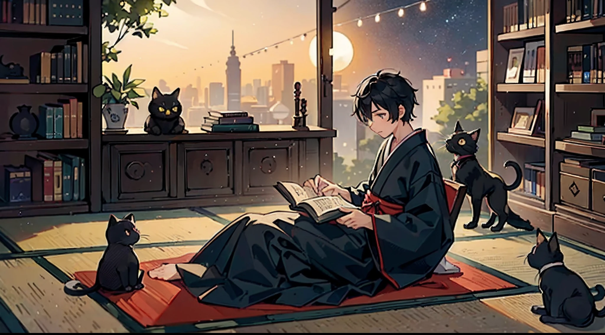 #Quality (intricate-detail、ultra-detailliert:1.2),
#night sky (darkness of night,no light),
#one writing boy (16 male、writer,Honor Students、A dark-haired、short-hair、hakama,sit flat),
#black room at night (no light,black cat,books on desk,one candle,pretty tatami,a lot of books,bookshelf)