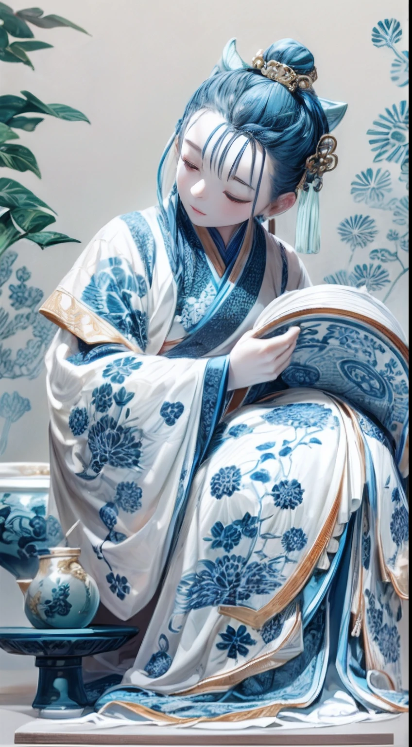 Blue and white porcelain figurines,ancient china art style,Delicate pattern,Oriental elements,Ink painting style, Clean colors,White background, Soft lighting, ( Bokeh),Masterpiece, Super detailed, Epic composition, Highest quality, 4K,