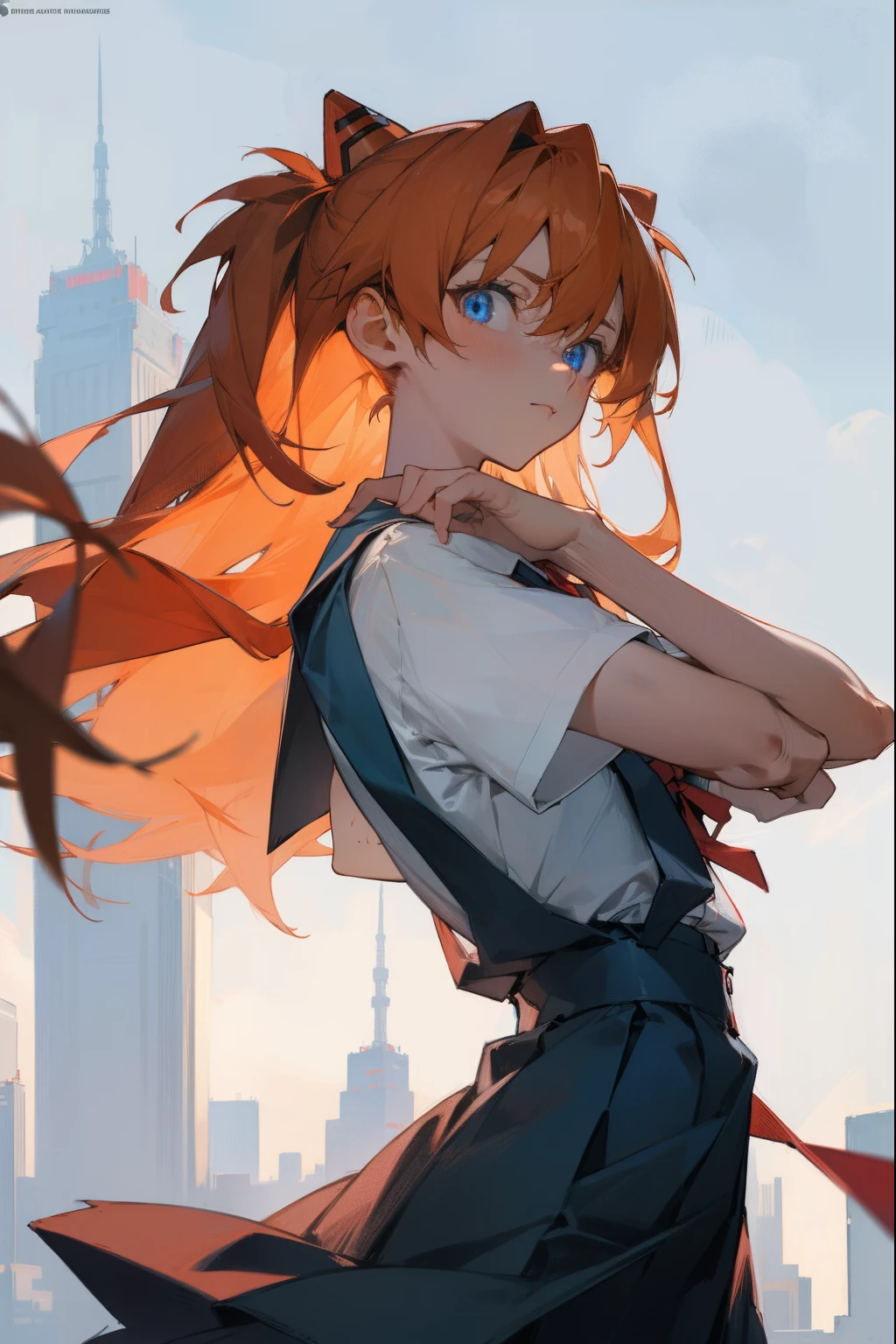 asukalangley, asuka langley soryu, blue eyes, hair between eyes, headgear, interface headset, orange hair,
BREAK red ribbon, ribbon, school uniform, skirt, suspender skirt, suspenders, tokyo-3 middle school uniform,
BREAK outdoors, city,
BREAK looking at viewer, BREAK (masterpiece:1.2), best quality, high resolution, unity 8k wallpaper, (illustration:0.8), (beautiful detailed eyes:1.6), extremely detailed face, perfect lighting, extremely detailed CG, (perfect hands, perfect anatomy),