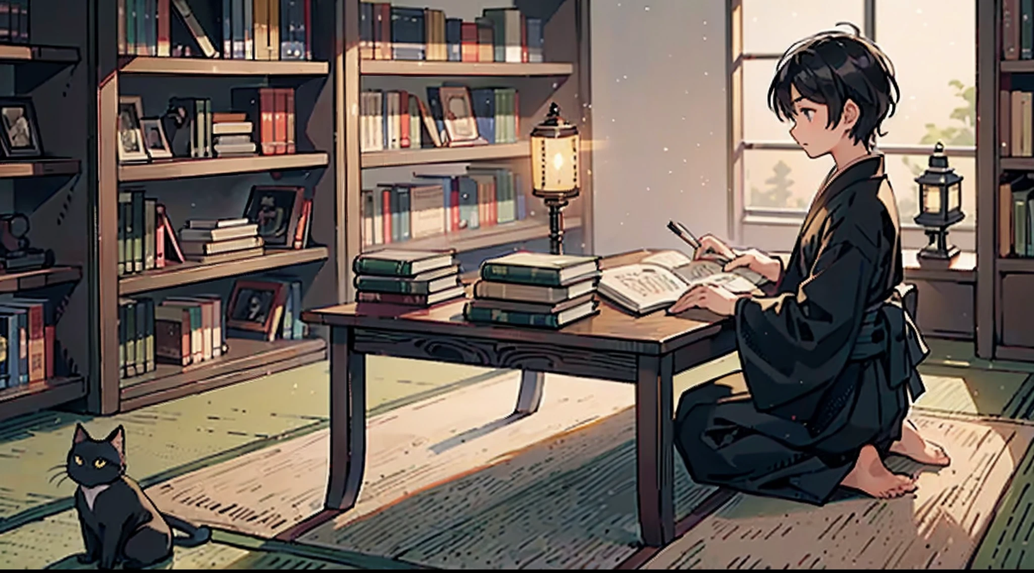 Anime girl sitting at a table with a book and a cat - SeaArt AI
