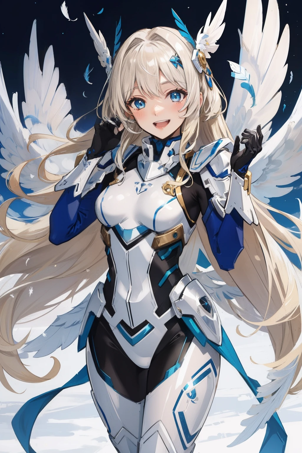 (master piece, Best Quality), Intricate details, valkyrie, kawaii, Happy smile, (((Laugh))), Hand up, Looking at Viewer, Feather Headgear, Flower meadow,
1 girl in, Solo, Portrait, Tentacle Plutinum Blonde Hair, silver single thighhigh, White Independent Single Sleeve, gloves, Single braid,
mecha musume, White bodysuit, Silver Reinforced Suit, Mini Feather Wing, silver pantyhose, full armor, flower decoration