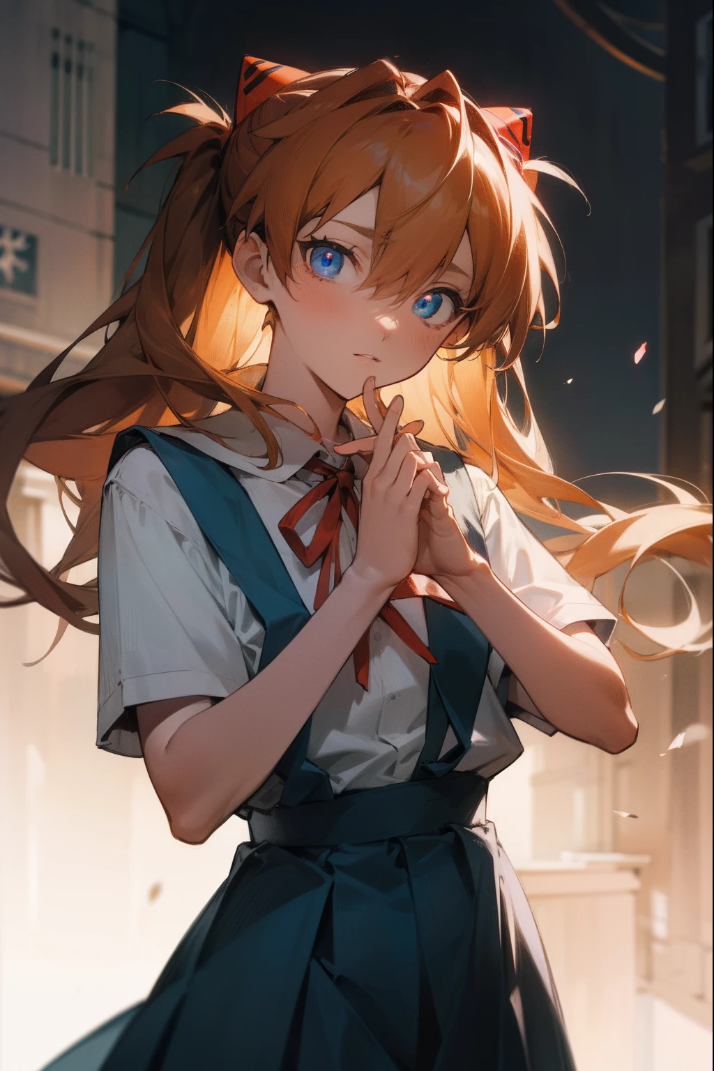 asukalangley, asuka langley soryu, blue eyes, hair between eyes, headgear, interface headset, orange hair,
BREAK red ribbon, ribbon, school uniform, skirt, suspender skirt, suspenders, tokyo-3 middle school uniform,
BREAK outdoors, city,
BREAK looking at viewer, BREAK (masterpiece:1.2), best quality, high resolution, unity 8k wallpaper, (illustration:0.8), (beautiful detailed eyes:1.6), extremely detailed face, perfect lighting, extremely detailed CG, (perfect hands, perfect anatomy),