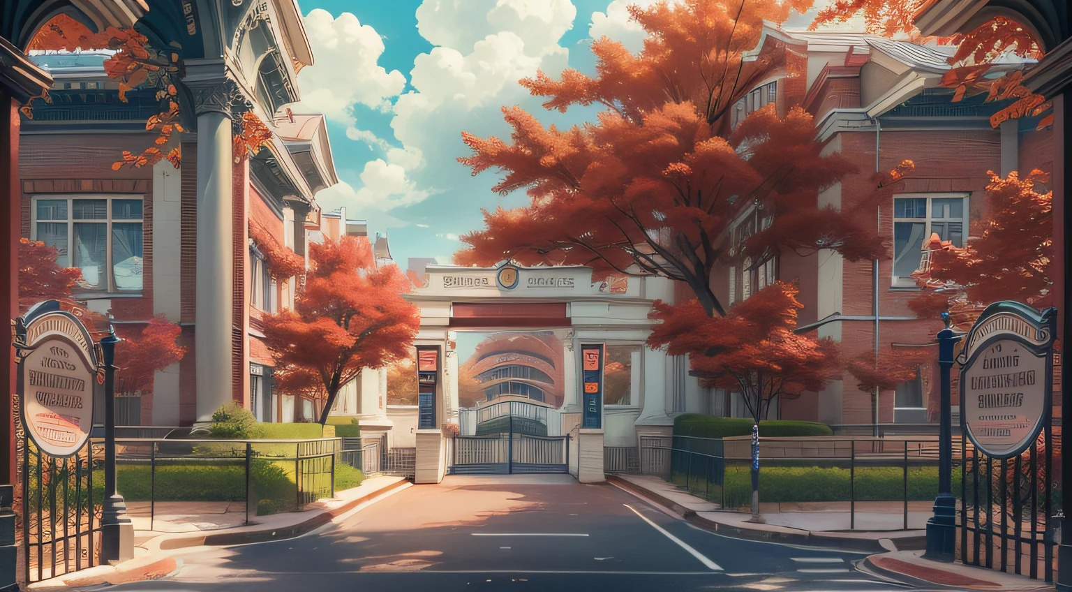 The sky is blue and white clouds,Walk through the school gates, You can see the tall crimson school building,A huge display hangs to the right of the school entrance,The overall tone is not bright