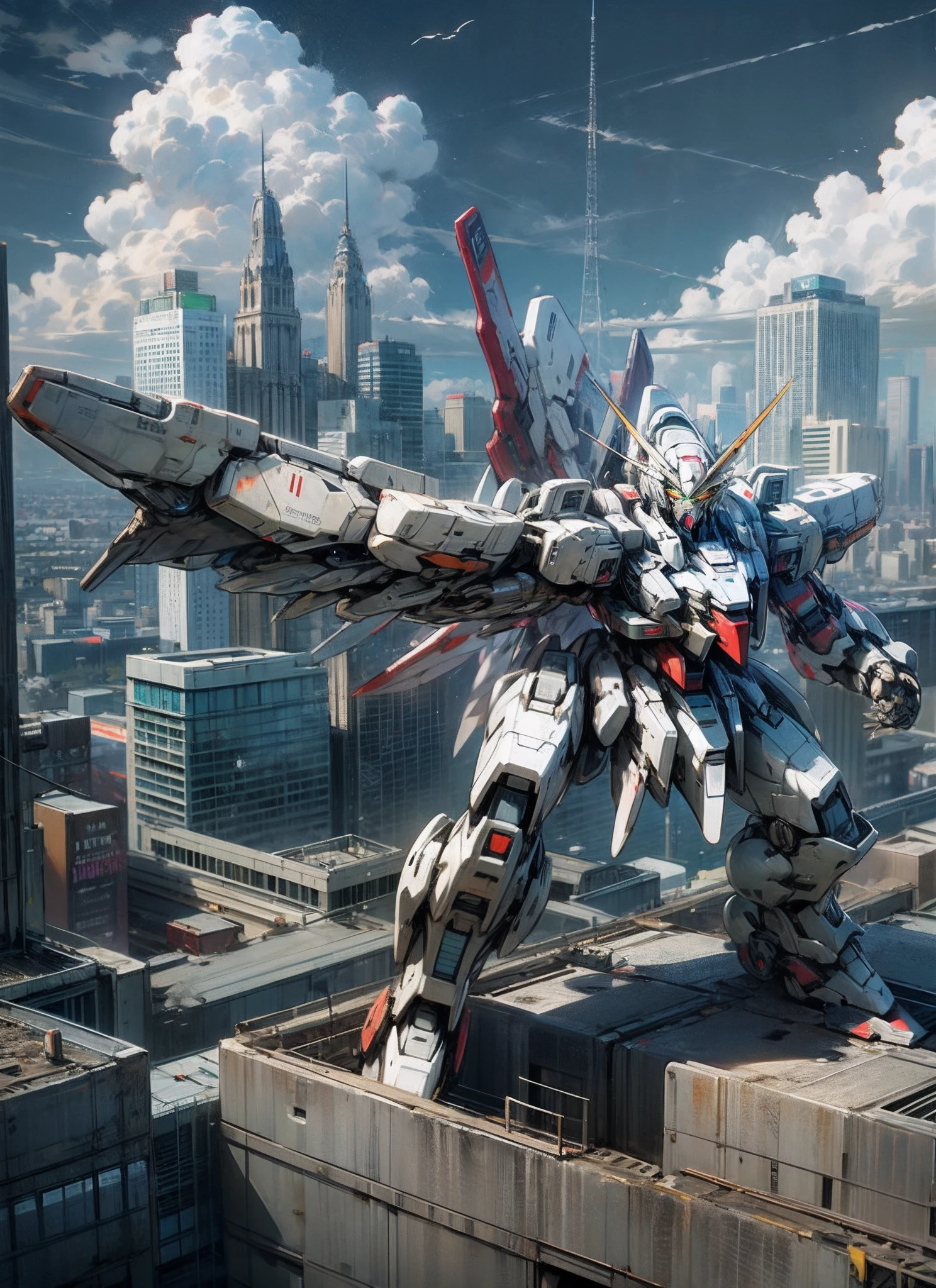 sky, Cloud, arma, No_Humanity, Glowing, Building, Glowing_Eyes, Gundam mech with wings , Science_fiction, City, Realistic, High detail, --auto --s2