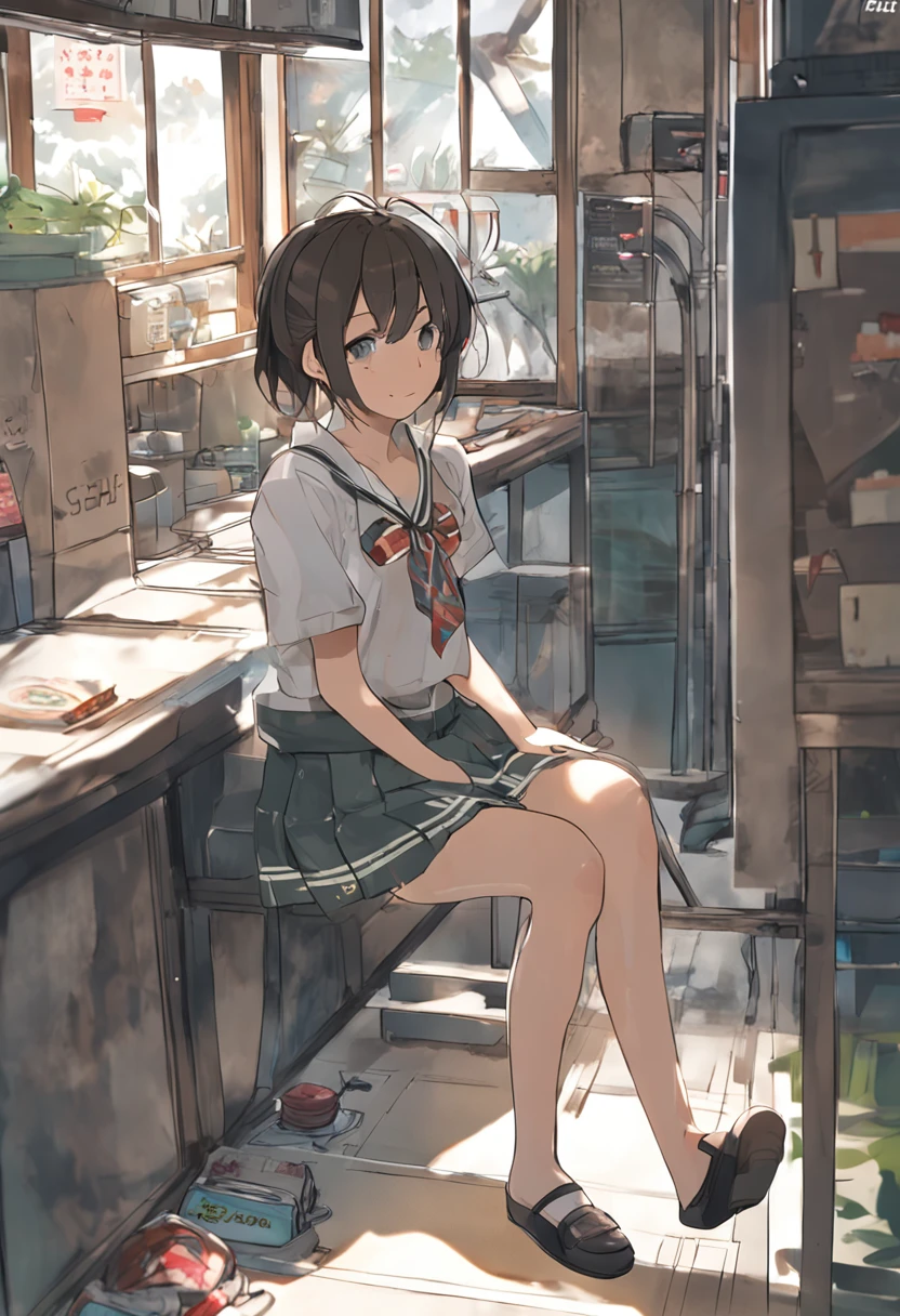 1girl in、A smile、The shirt、skirt by the、（small tits）Chilarism、Japan High School Student Uniform、serafuku、summer clothing、Squall Drenched Uniform、（Sheer Bra）、Upper body portrait、Squatting panchira