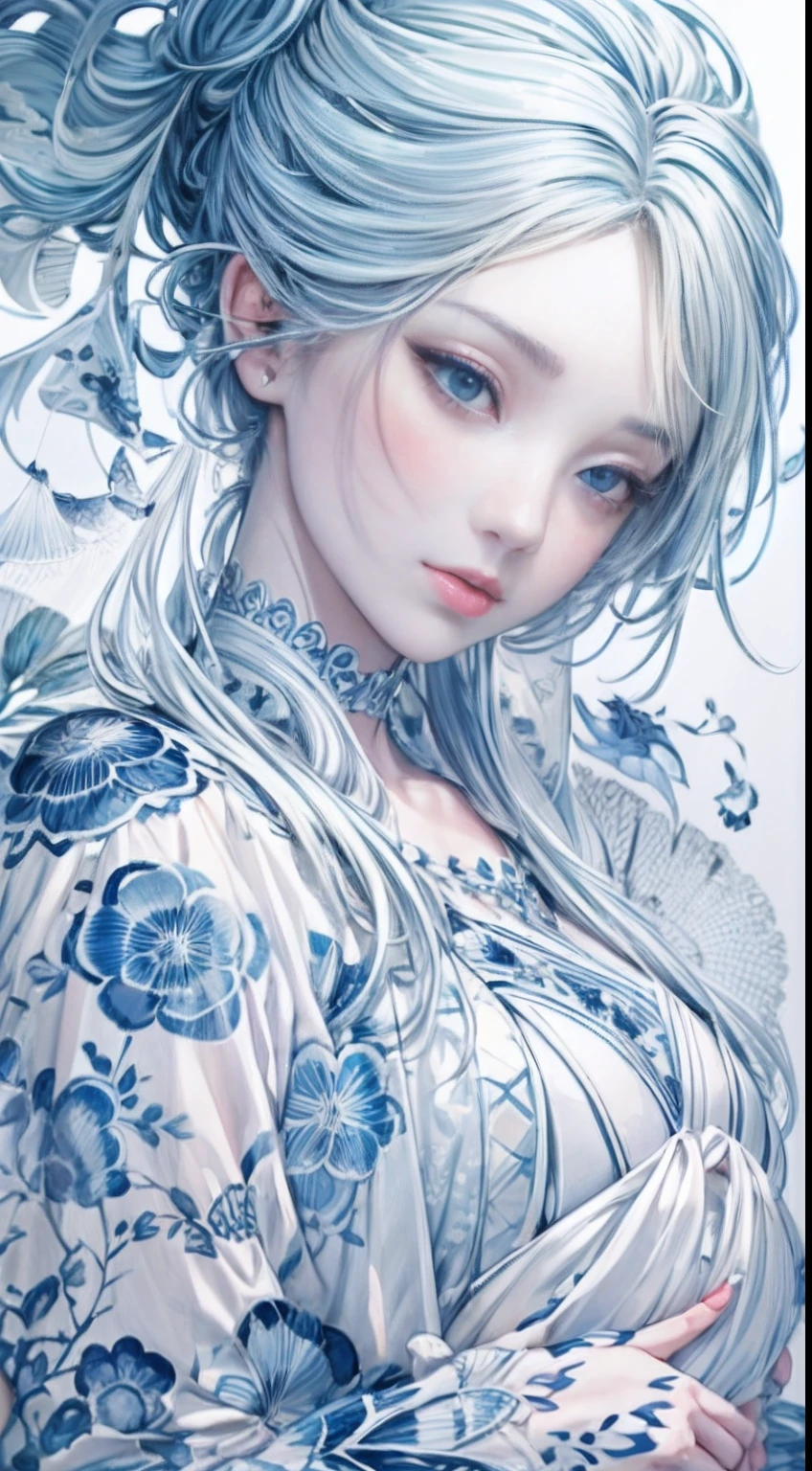 Blue and white porcelain girl statue,anatomy correct,Delicate pattern,Oriental elements,Ink painting style, Clean colors,White background, Soft lighting, ( Bokeh),Masterpiece, Super detailed, Epic composition, Highest quality, 4K,