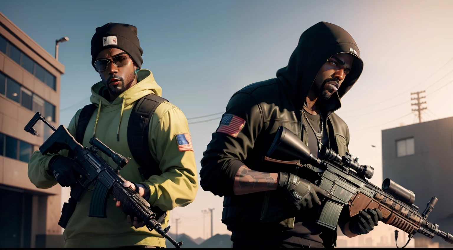 gta character, As the protagonist of GTA 5, GTA V Style, as a character from gtav, Kanye West in GTA v, drake in gta v, GTA5 Style, gta v character, wielding assault rifle, Snoop Dogg in GTA V, gta 5 skin tone, Jesse Pinkman in GTA v, club bullet, facepiece, black bulletproof vest, AK-47 rifle, balaclava.