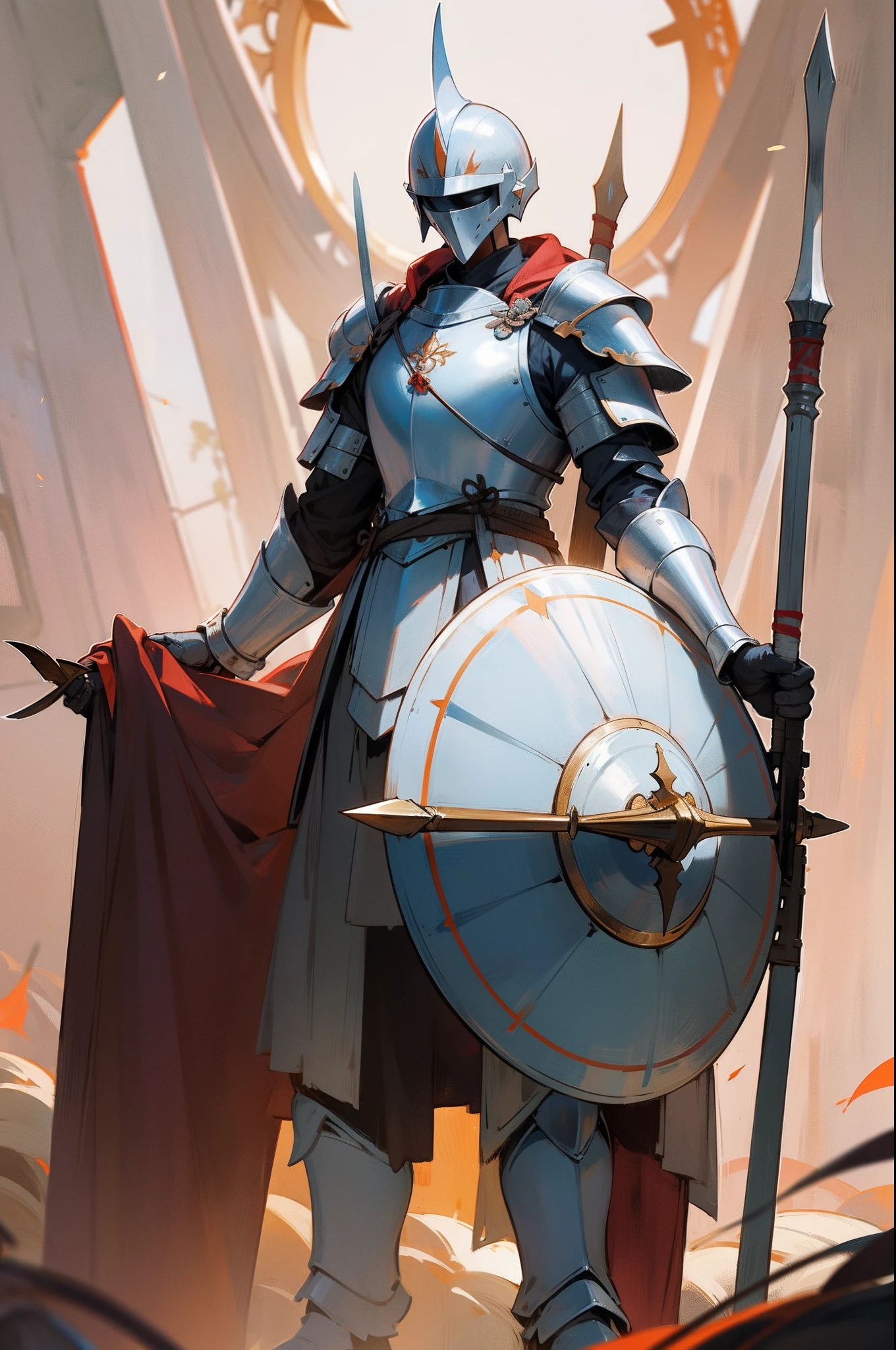 dressed in light armor,Wear a steel helmet,without showing face,Standing,holding spears and shields,binh