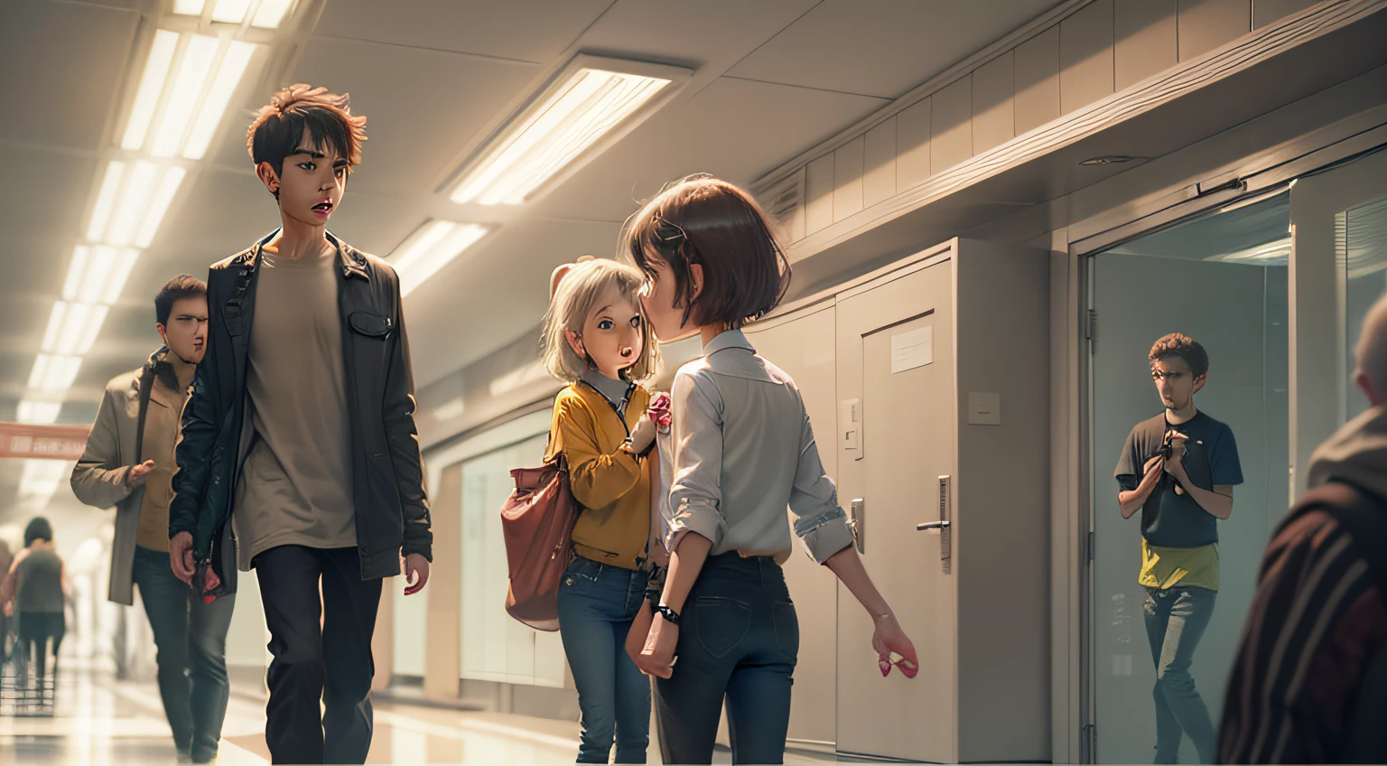 In the hallway,The short-haired girl saw several people beating people