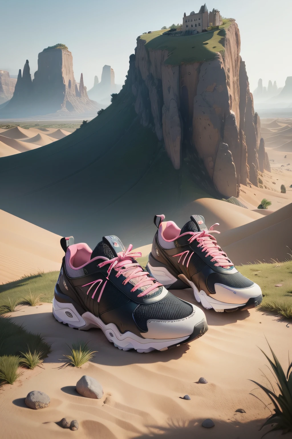 On a stone in the grass sat a pair of shoes, a picture by Jakob Gauermann, trending on pexels, baroque, environmental shot, darius puia, sand dune, 🤬 🤮 💕 🎀, landscape vista, 2 0 2 0 fashion, sneaker photo, Futuristic Balenciaga sneakers, canyons, 20k, BALENCIAGA
