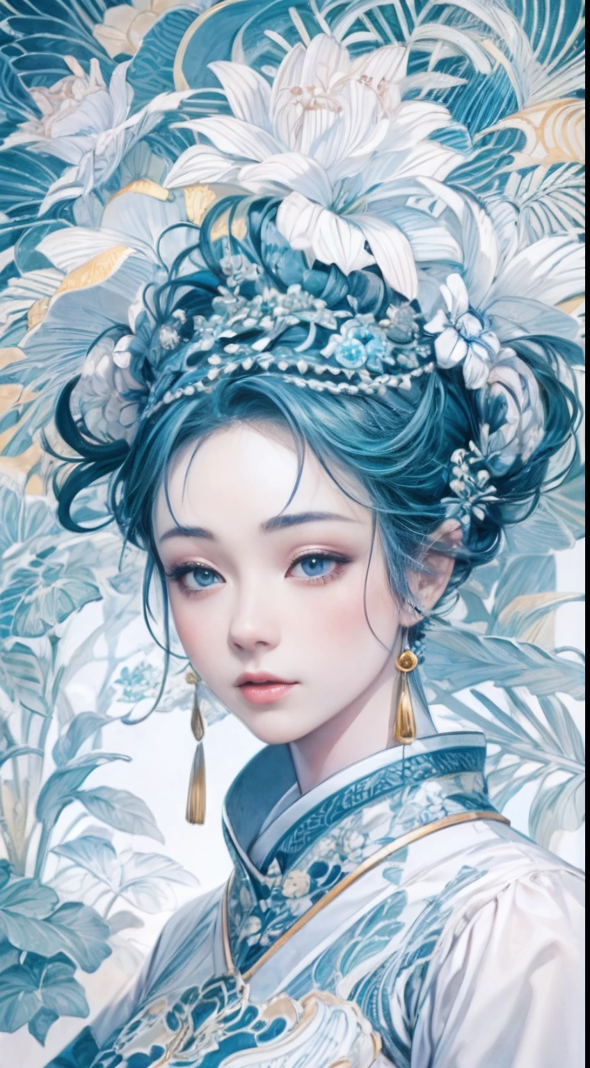 High quality fantasy art, simple background, ceramic Chinese girl doll, porcelain white skin,(blue and white porcelain) carved high-end porcelain, complex, gorgeous, 8k, Azulejo style, artist Ilya Kuvshinov