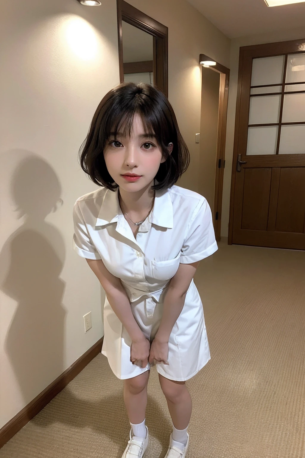 (top-quality、8K、32K、masterpiece、nffsw:1.2)、Photo of a cute Japanese woman、 1 人、(Medium short dark brown hair)、(small tits)、二重まぶた、White nurse uniform、Little White Nurse (caps) 、White shirt、open-shirt、hospitals、Hospital Room、The upper part of the body、full body Esbian