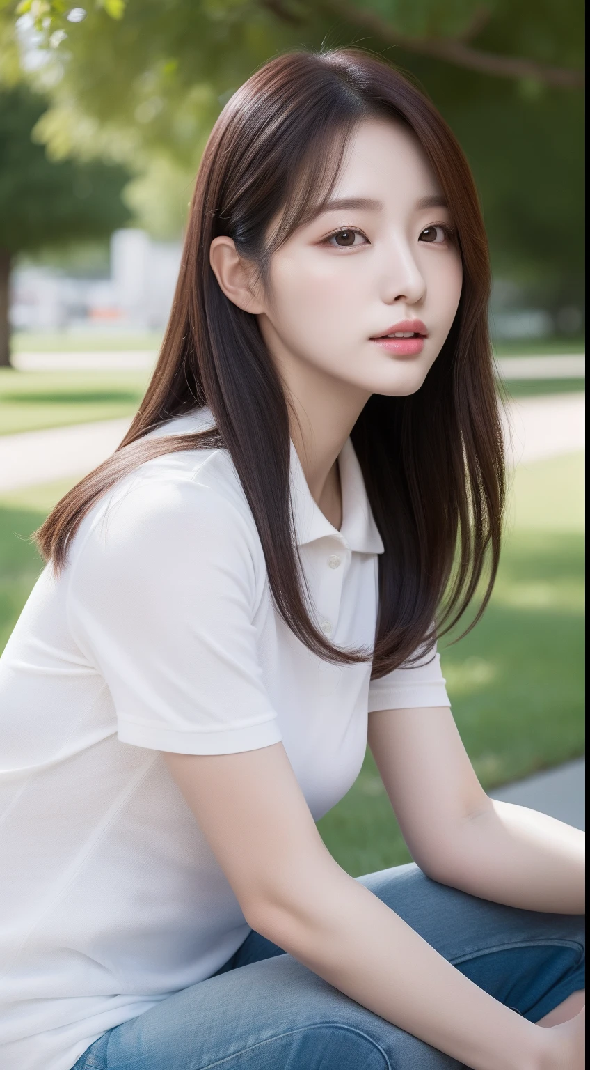 realistic photos of 1 cute Korean star, straight hair , white skin, thin makeup, 32 inch breasts size, wearing polo shirt, pants, sitting under the tree, from side, upper body portrait, UHD