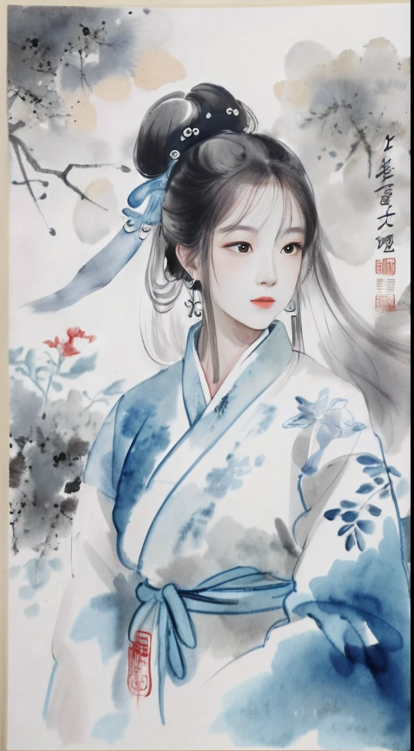 1 Blue and white porcelain girl,, Ink sketch, Hanfu,(abstract ink splash:1.2), white backgrounid,Traditional Chinese Ink Painting, Traditional Chinese art, author:Guo Xi, author:Ma Yuanyu, Traditional Chinese painting, author:Xu Xi, author:Luo Mu, author:Yang Buzhi, author:Li Kelan, author:Gu An, Ink painting ) ) ) ), Chinese ink painting, Chinese painting style
