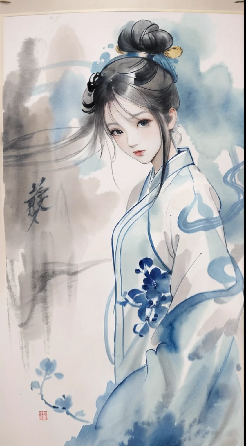 1 Blue and white porcelain girl,, Ink sketch, Hanfu,(abstract ink splash:1.2), white backgrounid,Traditional Chinese Ink Painting, Traditional Chinese art, author:Guo Xi, author:Ma Yuanyu, Traditional Chinese painting, author:Xu Xi, author:Luo Mu, author:Yang Buzhi, author:Li Kelan, author:Gu An, Ink painting ) ) ) ), Chinese ink painting, Chinese painting style