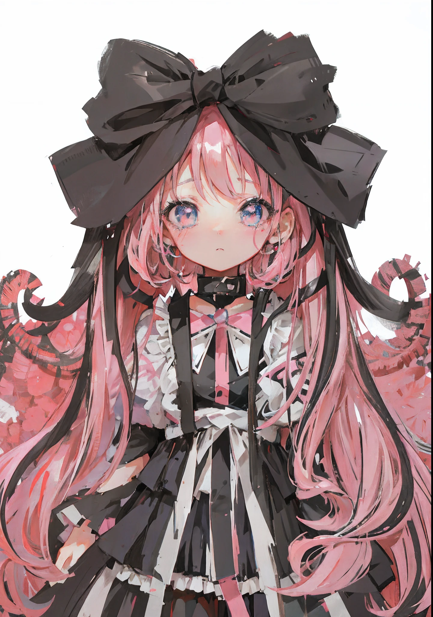 Anime girl with pink hair and black bow in dress, pink twintail hair and cyan eyes, Digital art on Pisif , zerochan art, cute anime waifu in a nice dress, Guweiz in Pixiv ArtStation, lollipop, Highest rated on Pisif, Loli, small curvaceous loli, portrait of magical girl, Pisif,weeping,Large tears welled up in the eyelashes