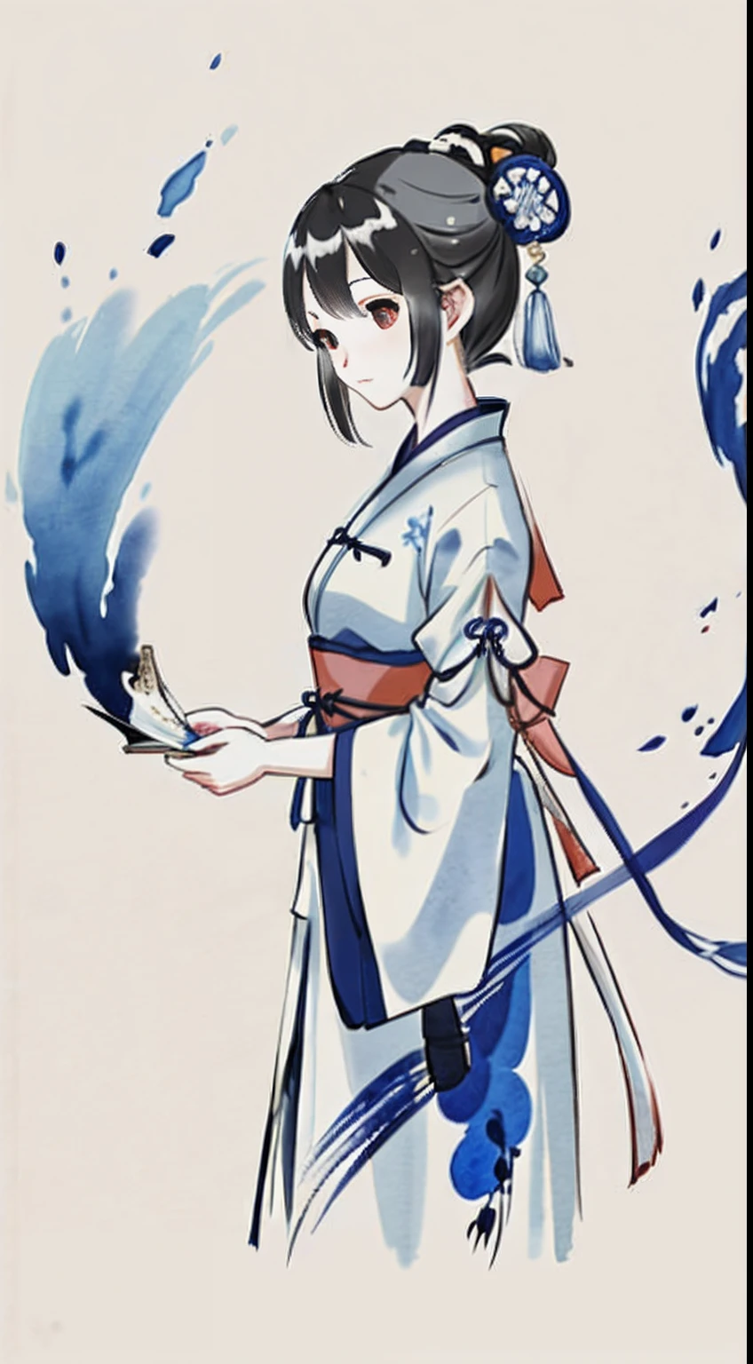 1 Blue and white porcelain girl,, Ink sketch, Hanfu,(abstract ink splash:1.2), white backgrounid,Traditional Chinese Ink Painting, Traditional Chinese art, author:Guo Xi, author:Ma Yuanyu, Traditional Chinese painting, author:Xu Xi, author:Luo Mu, author:Yang Buzhi, author:Li Kelan, author:Gu An, Ink painting ) ) ) ), Chinese ink painting, Chinese painting style