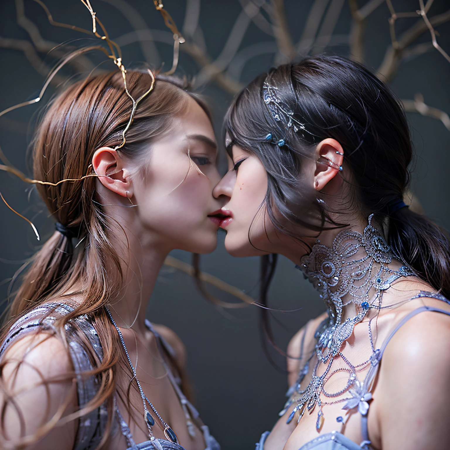 a picture、(Photorealsitic:1.4)、(hyper realisitic:1.4)、(Cinematic:1.5)、neuron, neuron network, Two women in their 20s、face to face, side view, intertwined、