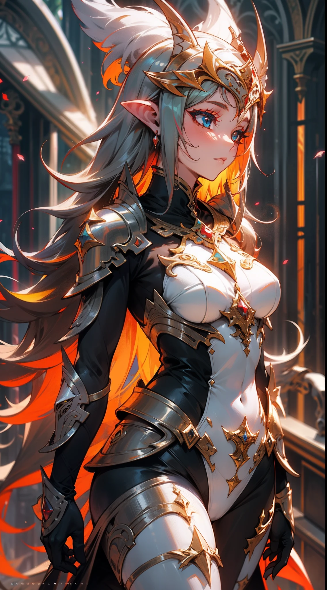 uma mulher sensual de corpo inteiro, wildly rainbow colored long curly hair, fantasia sombria, armadura de cor vermelha, Standing up, um fundo de masmorra medieval de fantasia escura