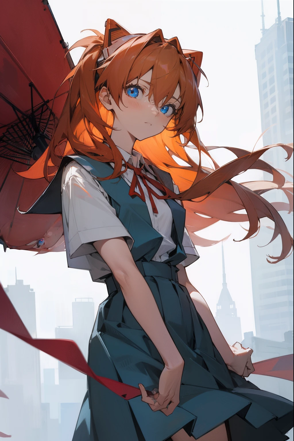 asukalangley, asuka langley soryu, blue eyes, hair between eyes, headgear, interface headset, orange hair,
BREAK red ribbon, ribbon, school uniform, skirt, suspender skirt, suspenders, tokyo-3 middle school uniform,
BREAK outdoors, city,
BREAK looking at viewer, BREAK (masterpiece:1.2), best quality, high resolution, unity 8k wallpaper, (illustration:0.8), (beautiful detailed eyes:1.6), extremely detailed face, perfect lighting, extremely detailed CG, (perfect hands, perfect ???????),